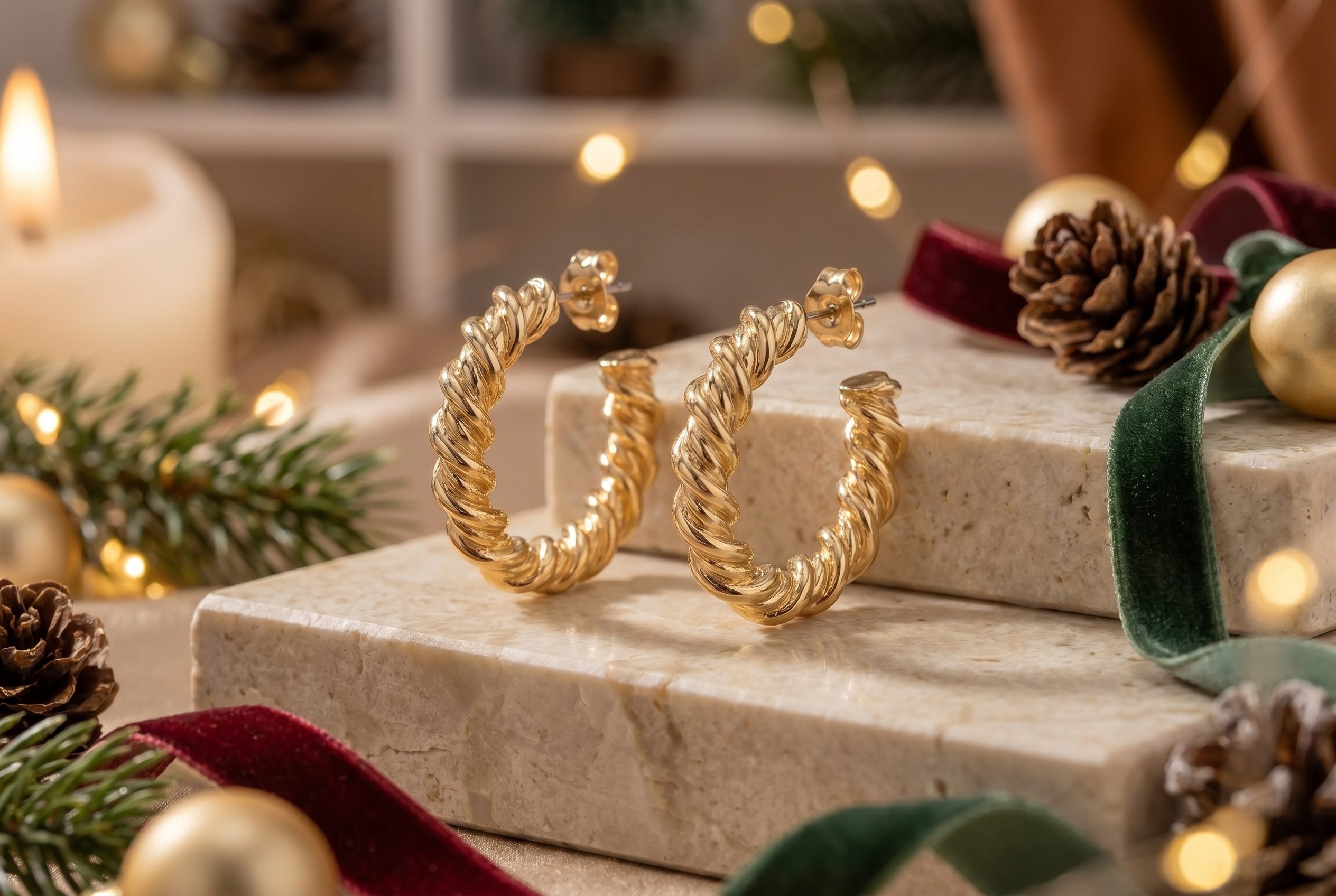 Fotogenic AI jewelry product photography showing twisted hoop earrings in a warm seasonal refresh scene