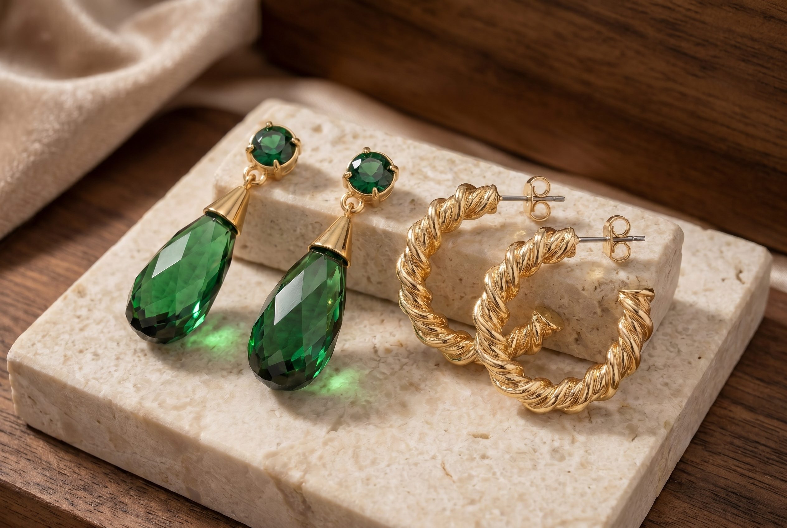 Fotogenic AI jewelry product photography with emerald drop earrings and twisted gold hoops in a premium 3:2 related card scene