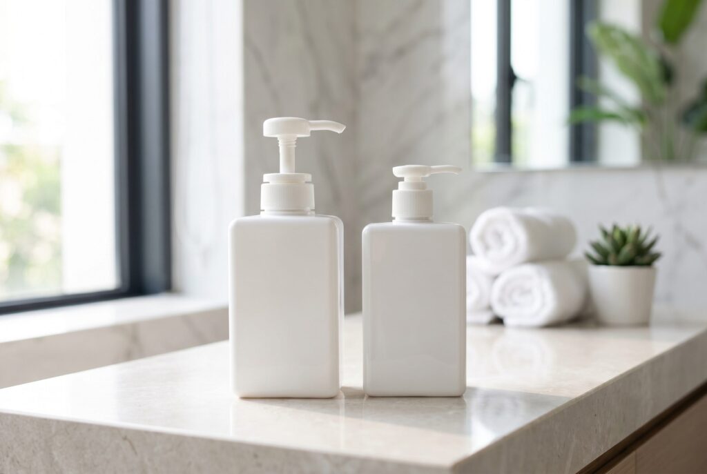 Skincare product photo example with blank-label pump bottles.