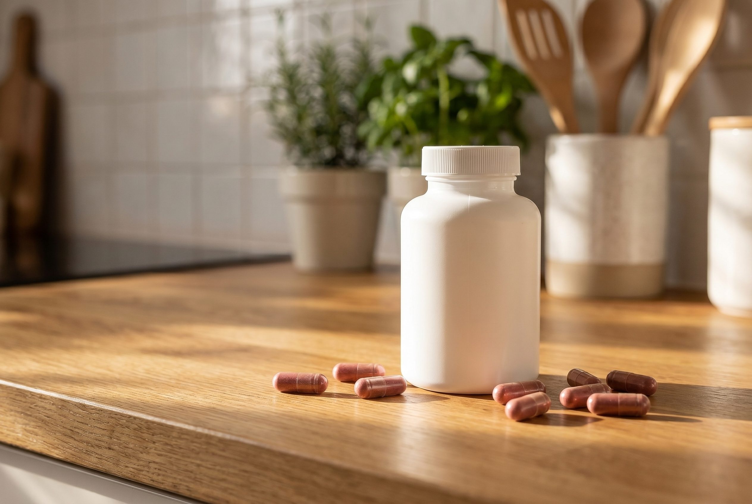 Bulk product image generation seasonal holiday style preset with a supplement bottle