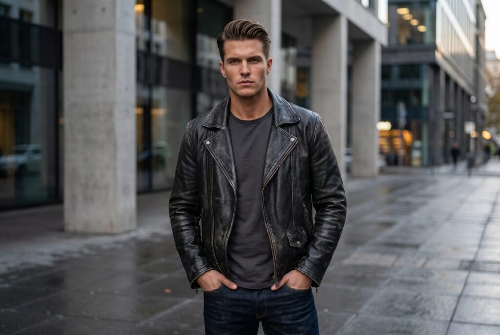 Man wearing a black leather jacket on a city street.