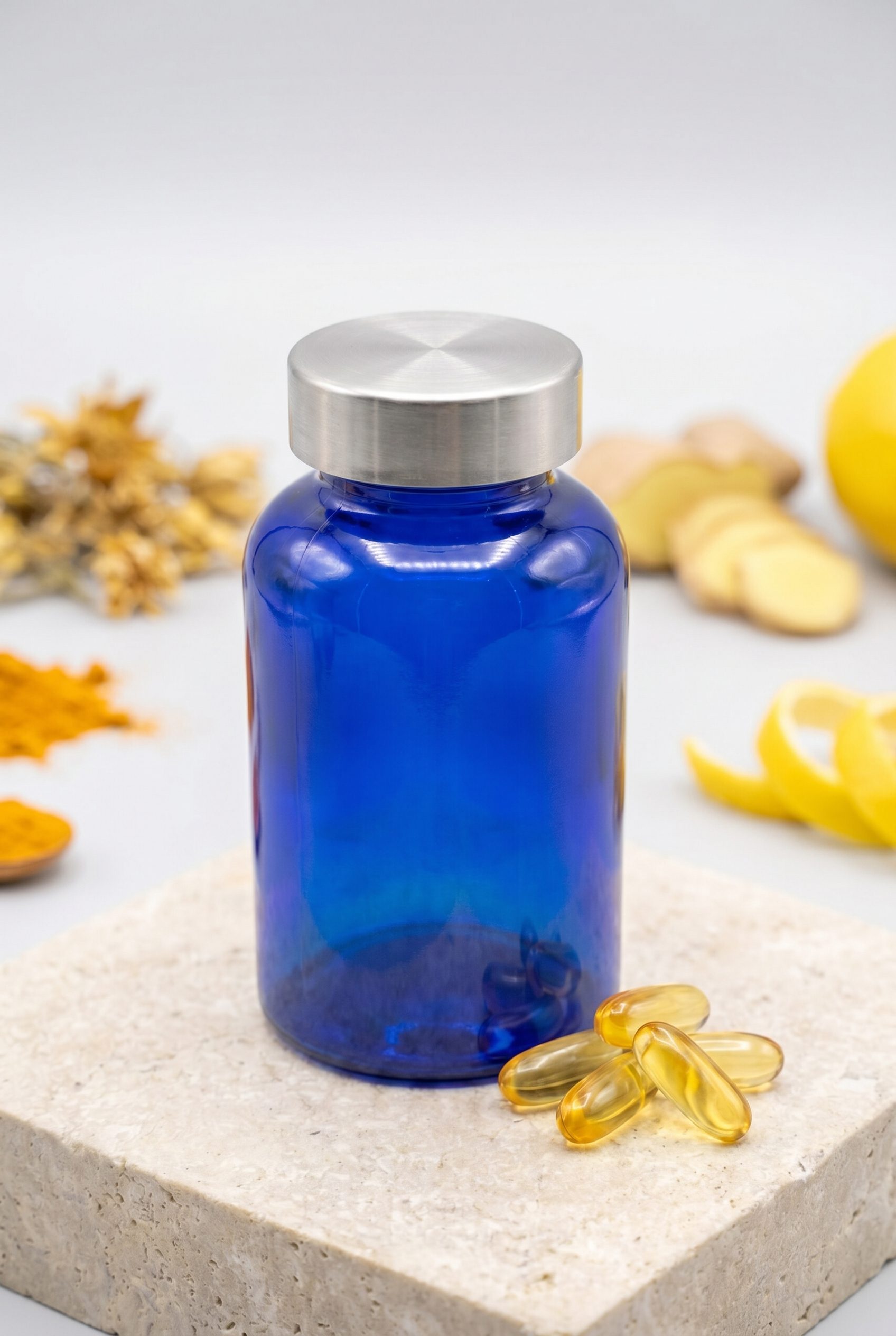 Supplement product photography example with a logo-free blue bottle and capsules