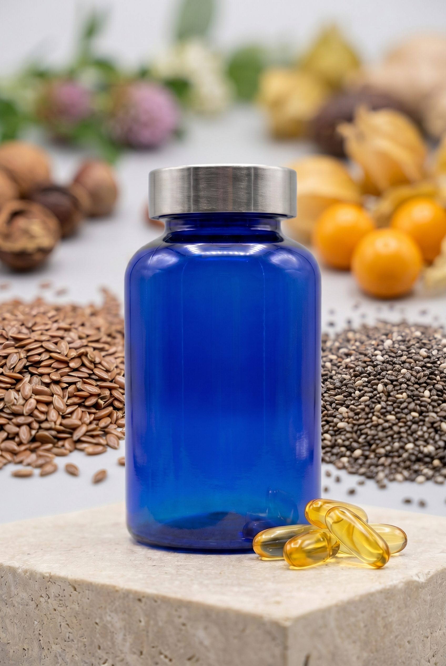 Supplement product photography portrait ecommerce image with logo-free bottles and capsules