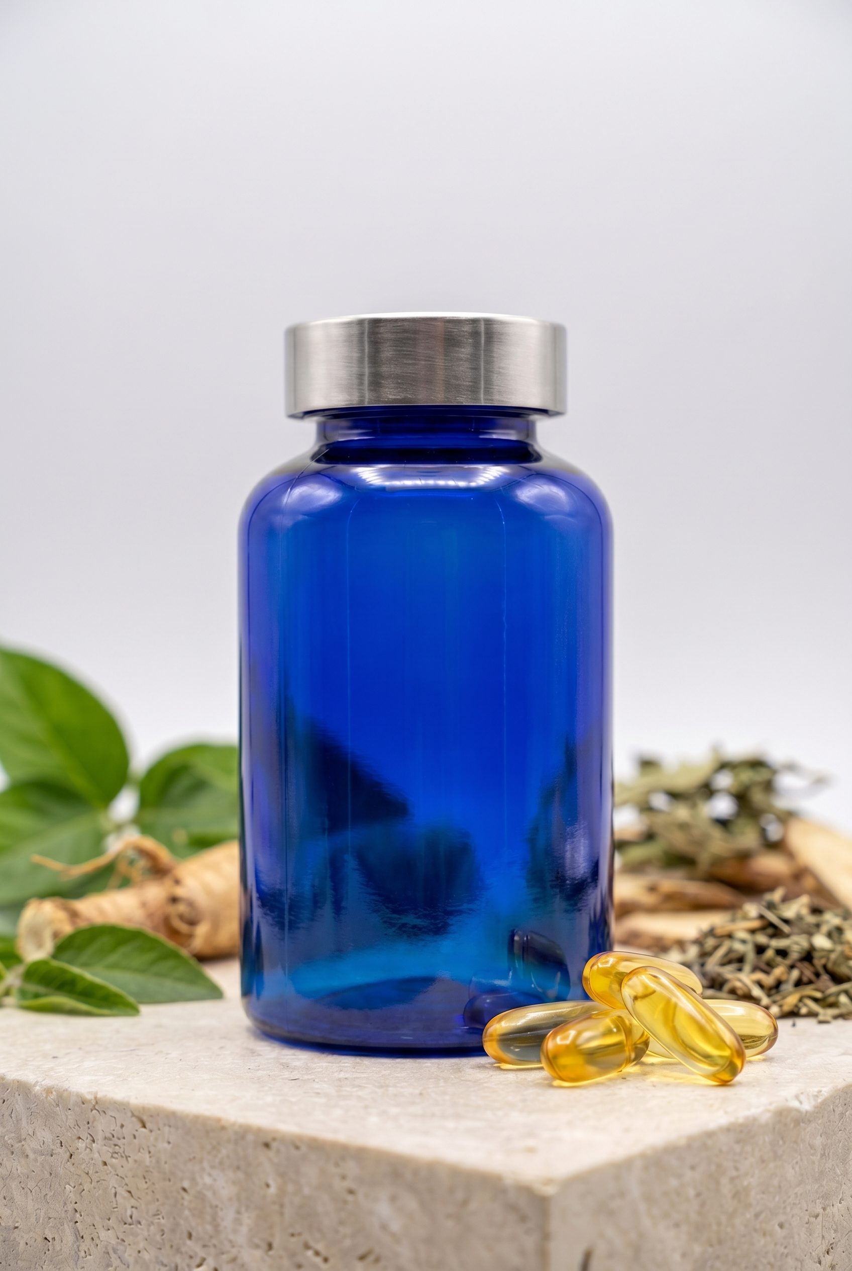 Supplement product photography portrait ecommerce image with logo-free bottles and capsules