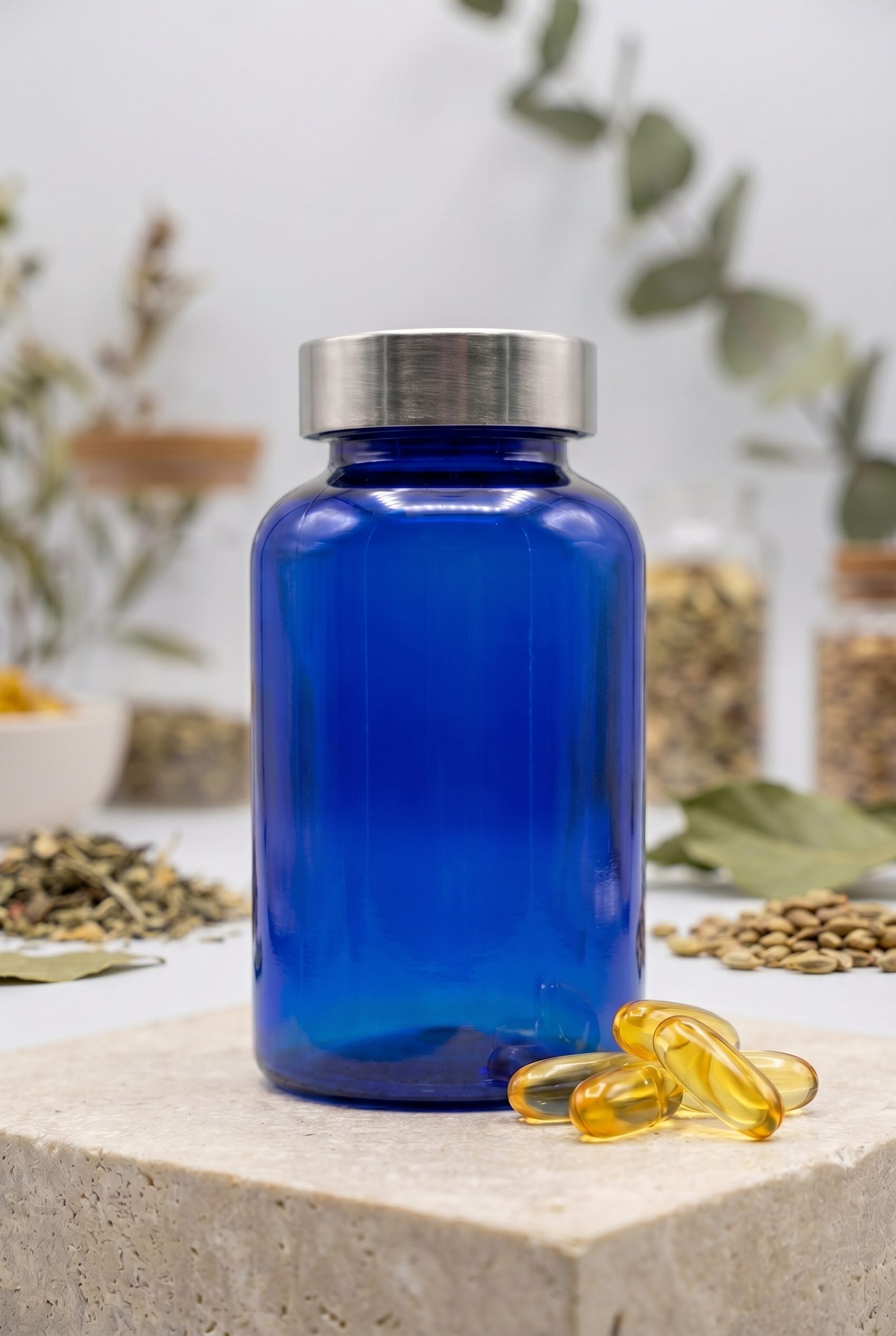 Supplement product photography portrait ecommerce image with logo-free bottles and capsules