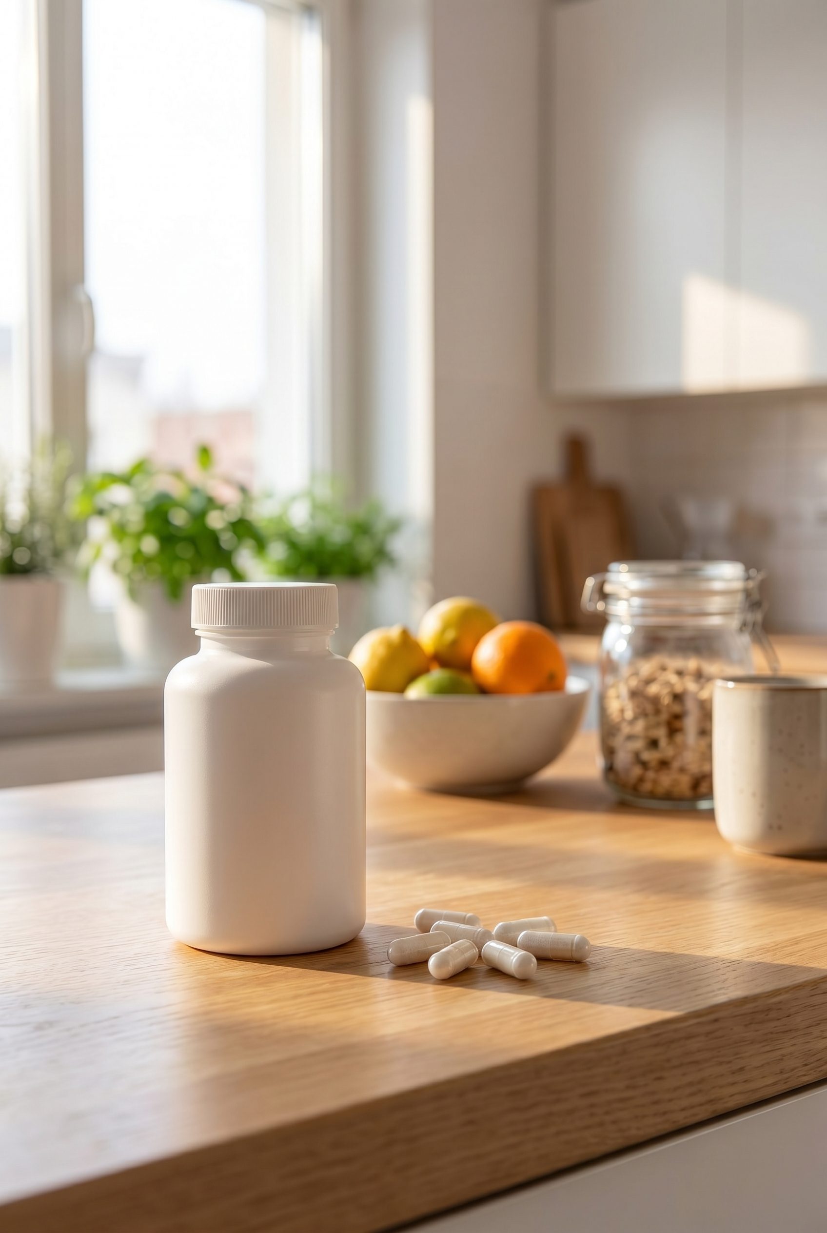 Supplement product photography portrait ecommerce image with logo-free bottles and capsules