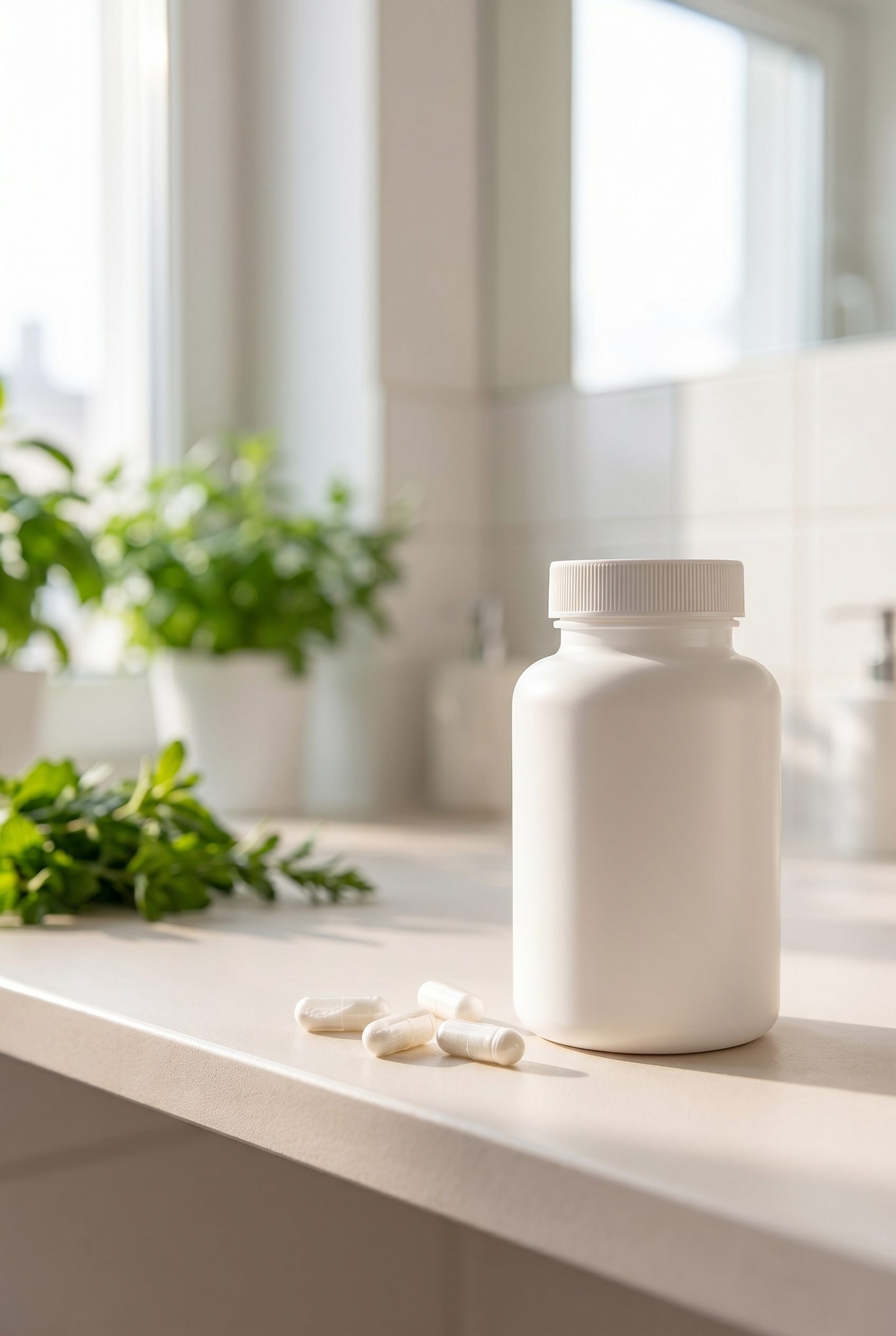 Supplement product photography portrait ecommerce image with logo-free bottles and capsules