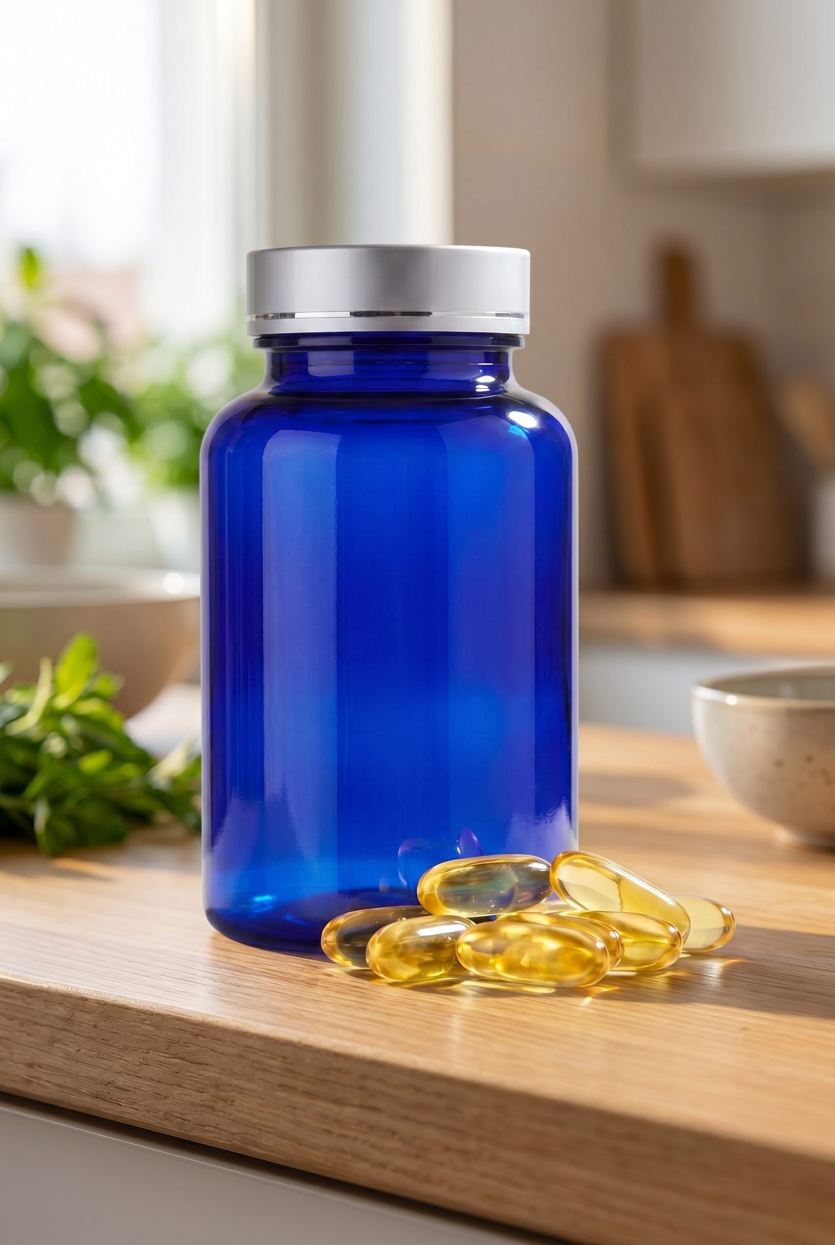 Supplement product photography portrait ecommerce image with logo-free bottles and capsules