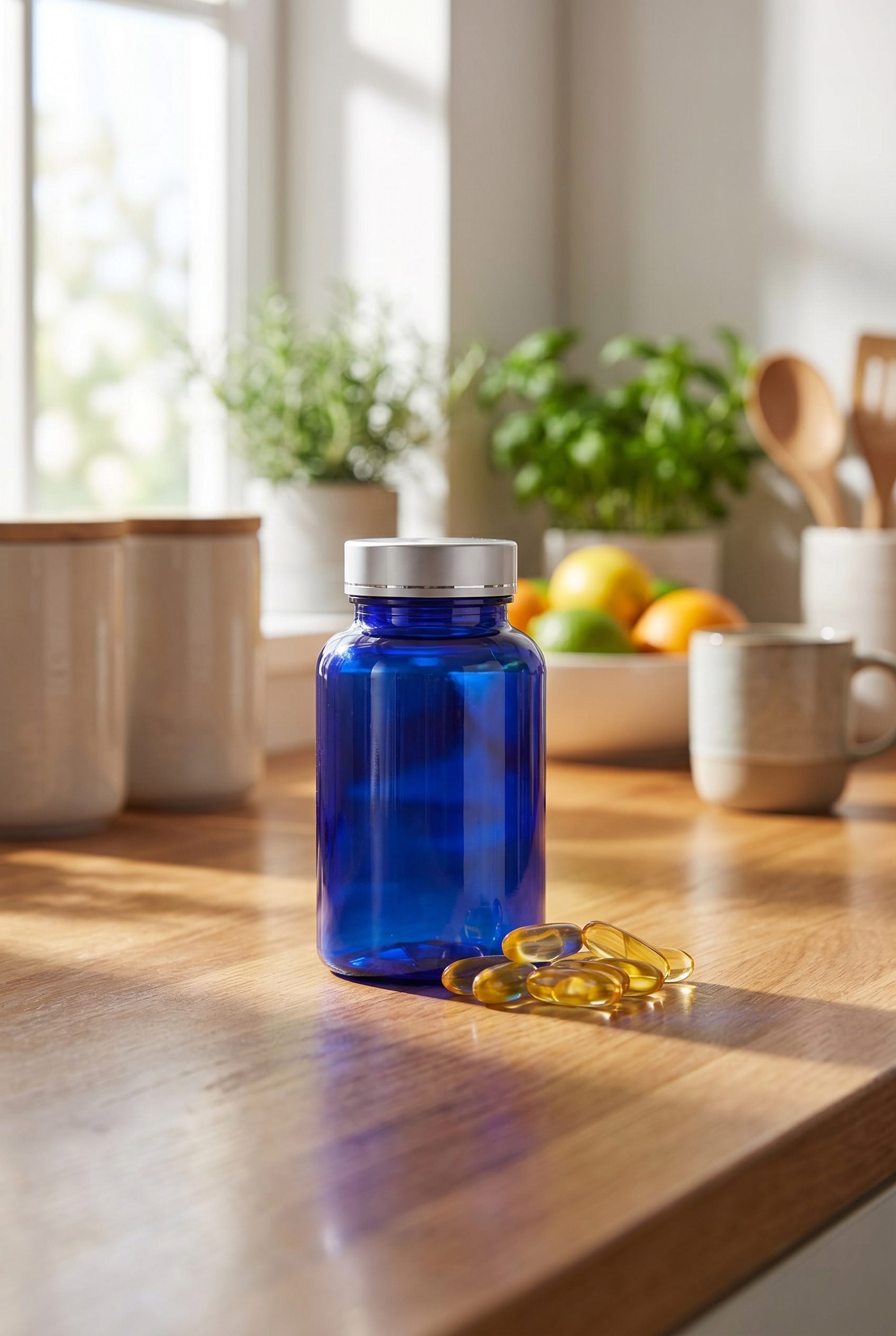 Supplement product photography portrait ecommerce image with logo-free bottles and capsules