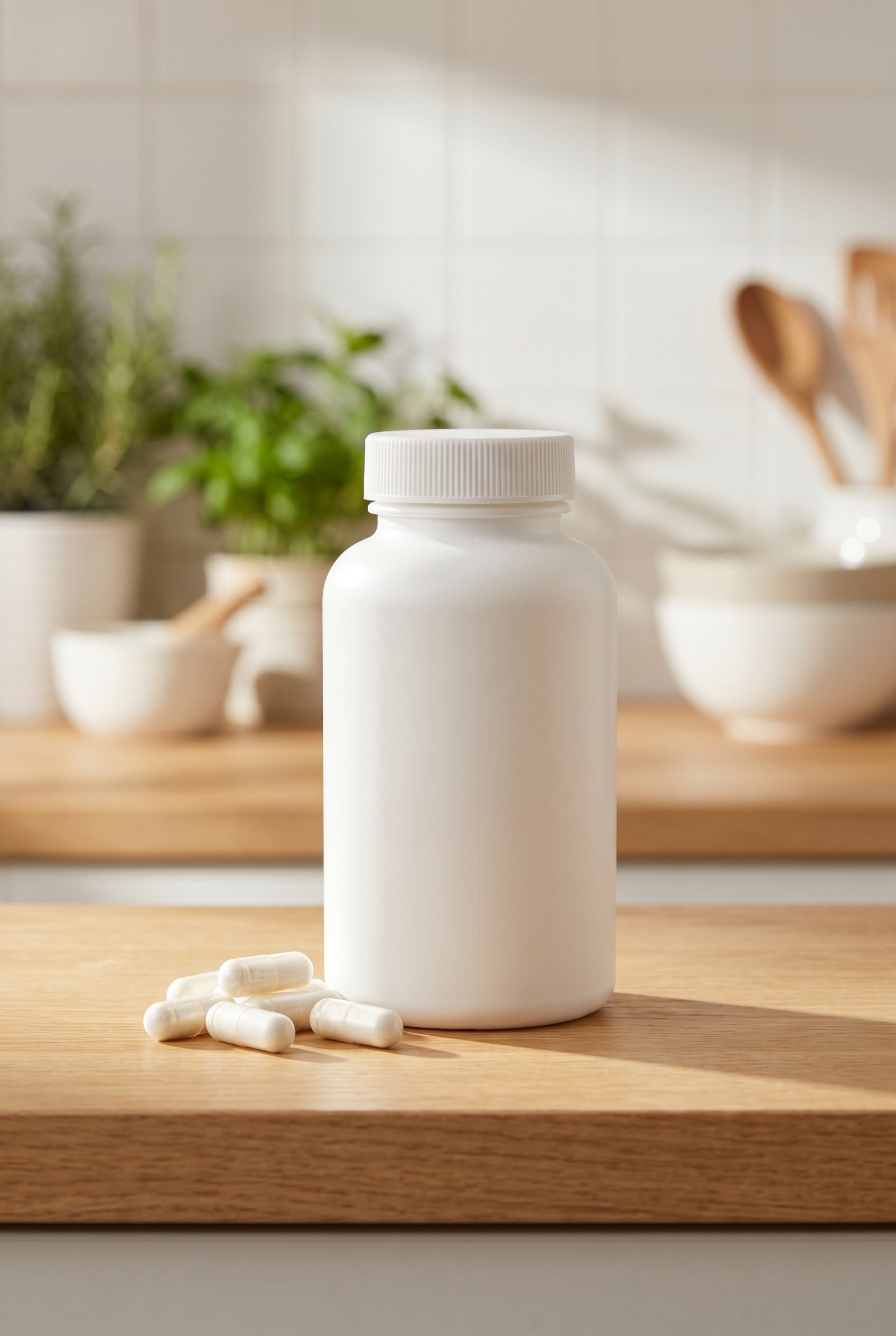 Supplement product photography portrait ecommerce image with logo-free bottles and capsules