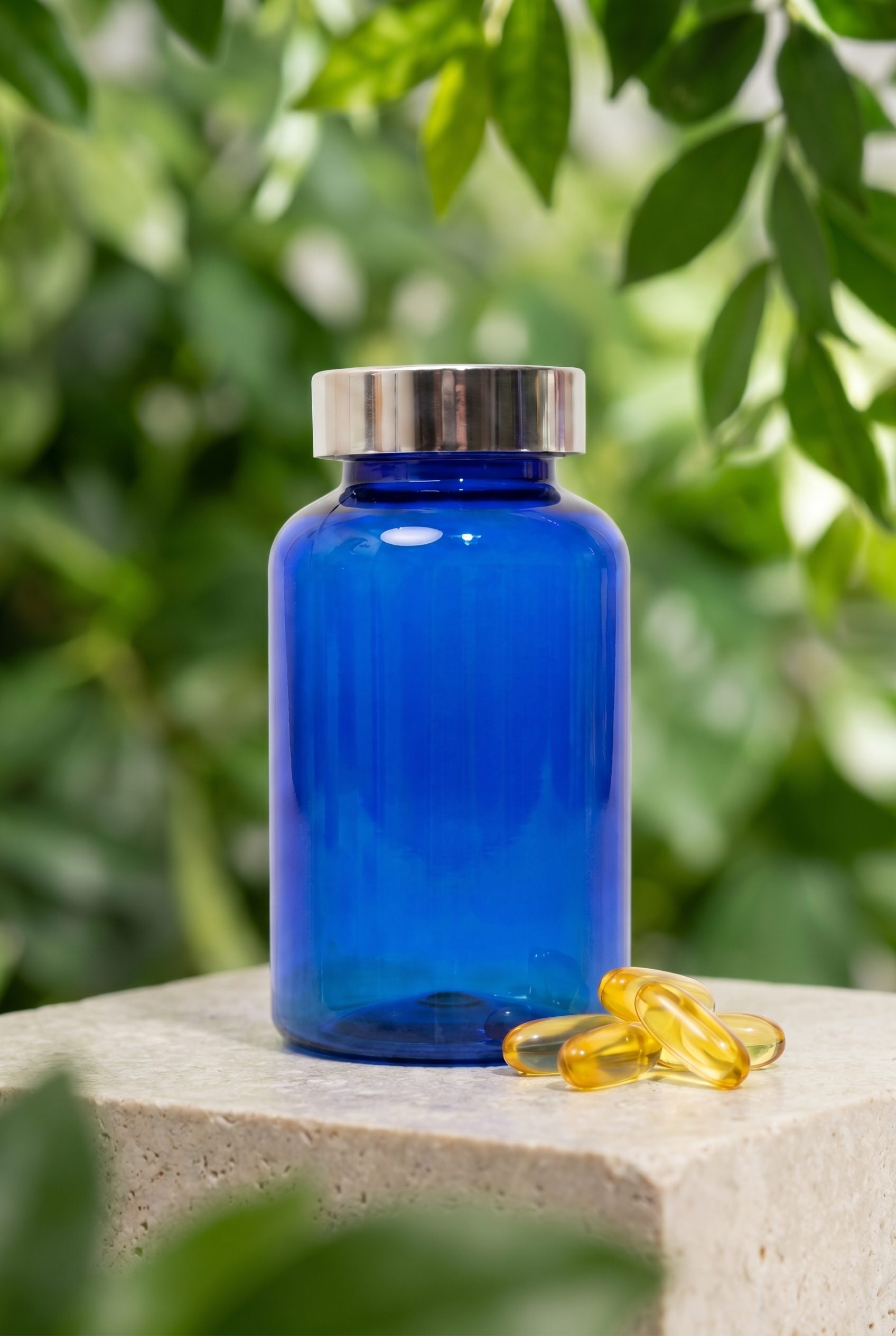 Supplement product photography portrait ecommerce image with logo-free bottles and capsules