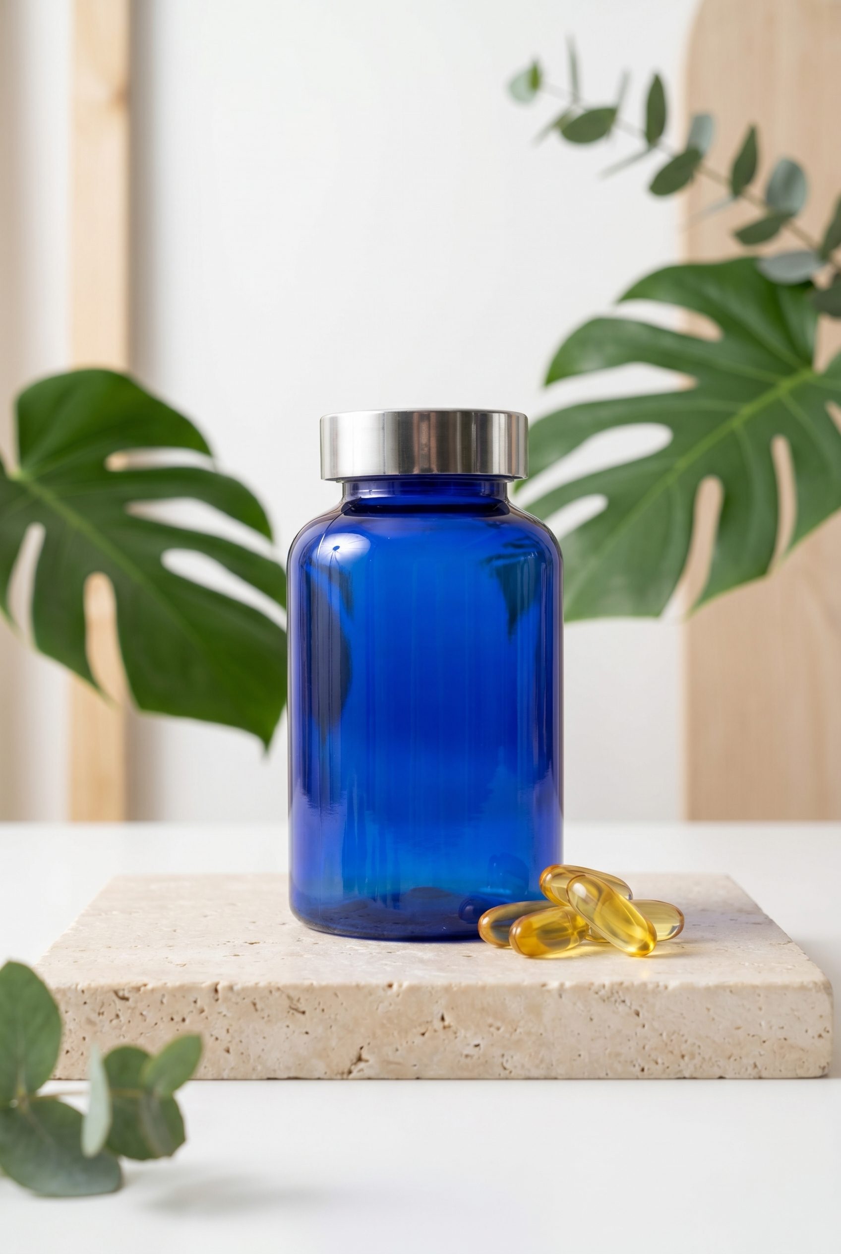 Supplement product photography portrait ecommerce image with logo-free bottles and capsules