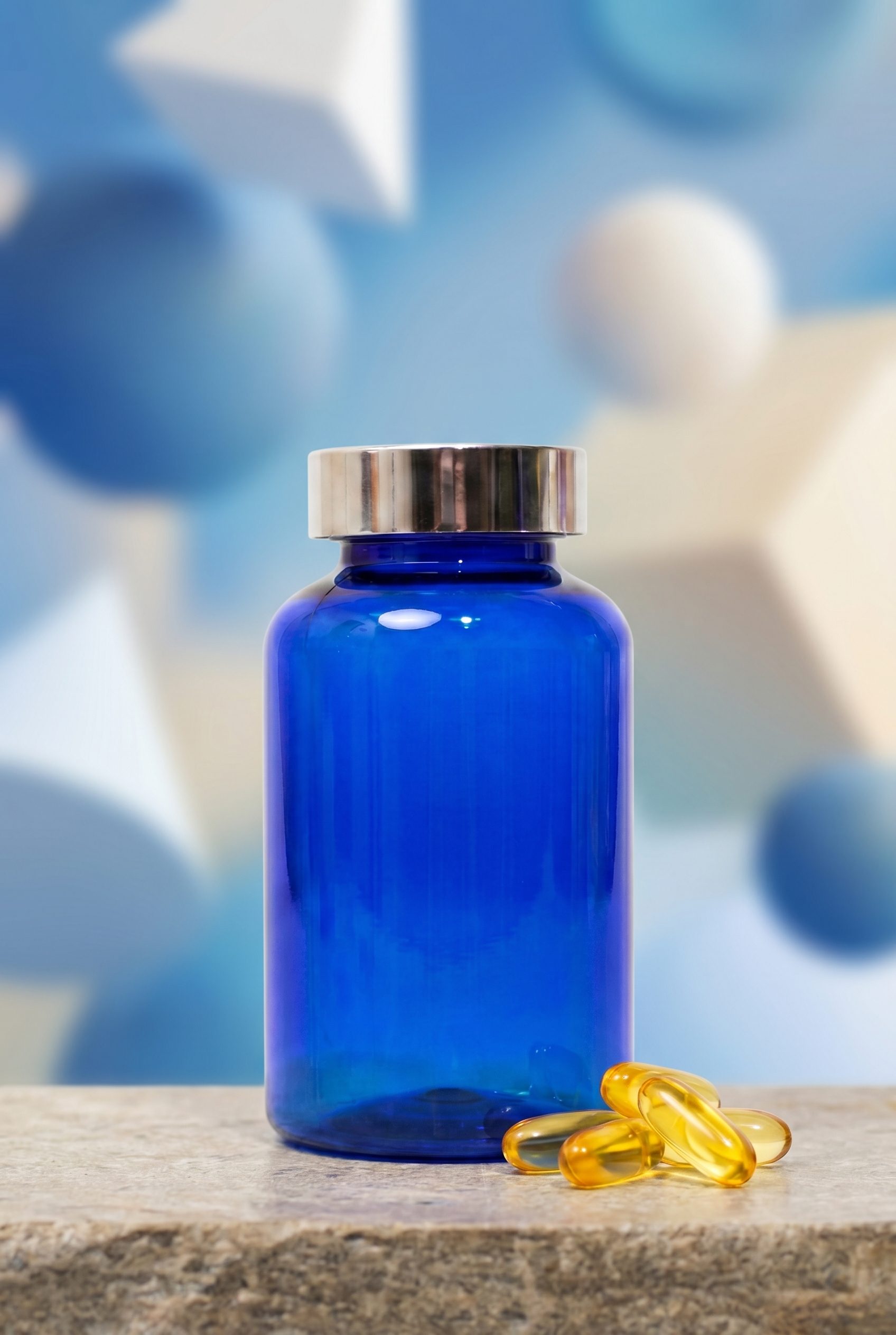 Supplement product photography portrait ecommerce image with logo-free bottles and capsules