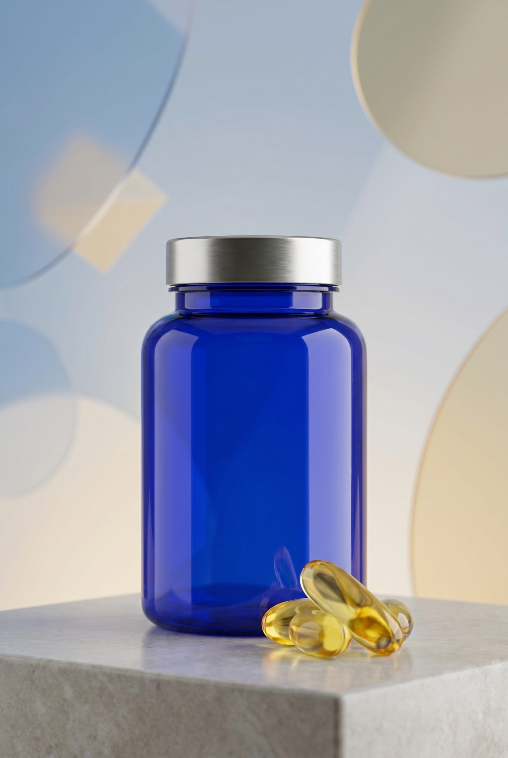 Supplement product photography portrait ecommerce image with logo-free bottles and capsules