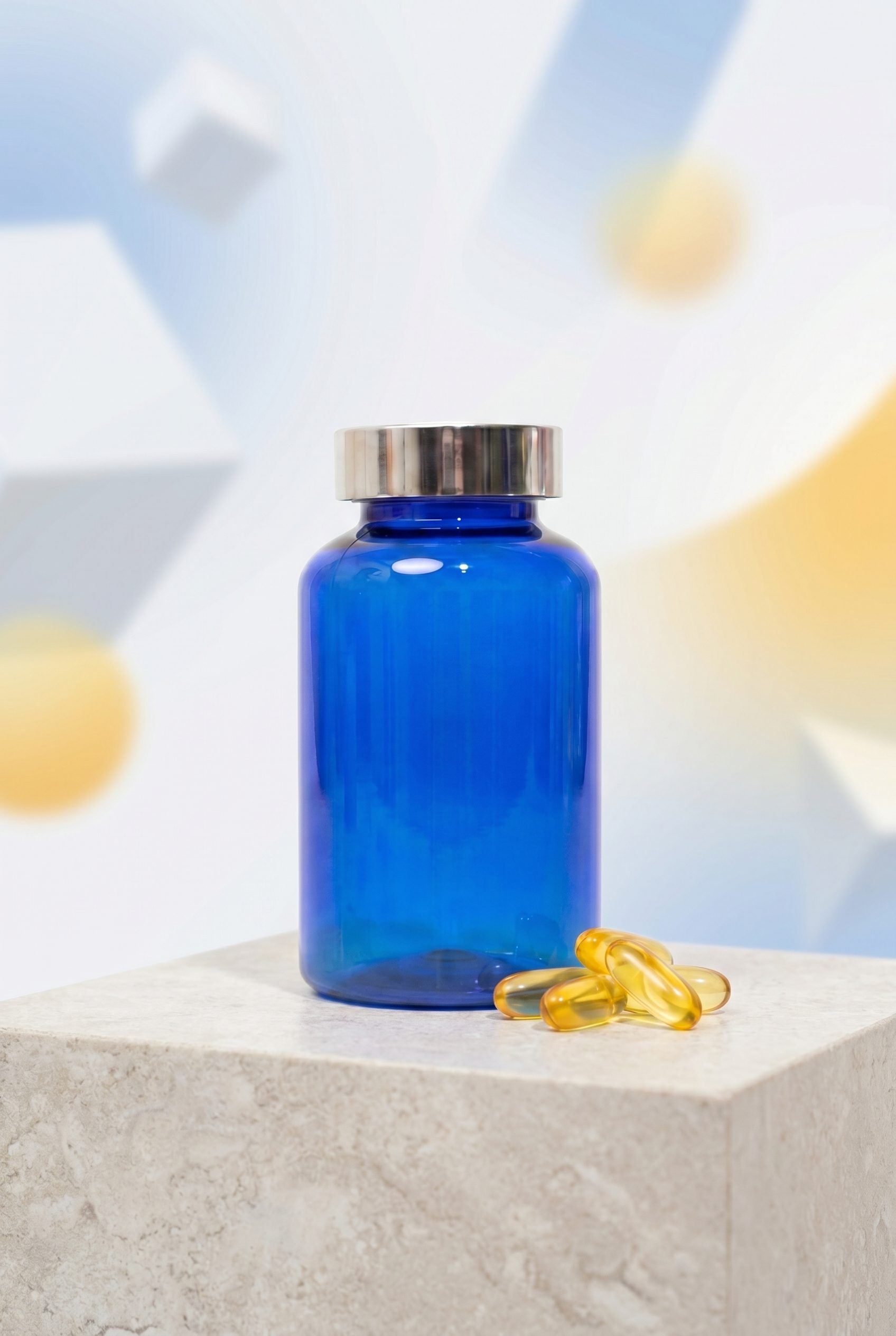 Supplement product photography portrait ecommerce image with logo-free bottles and capsules