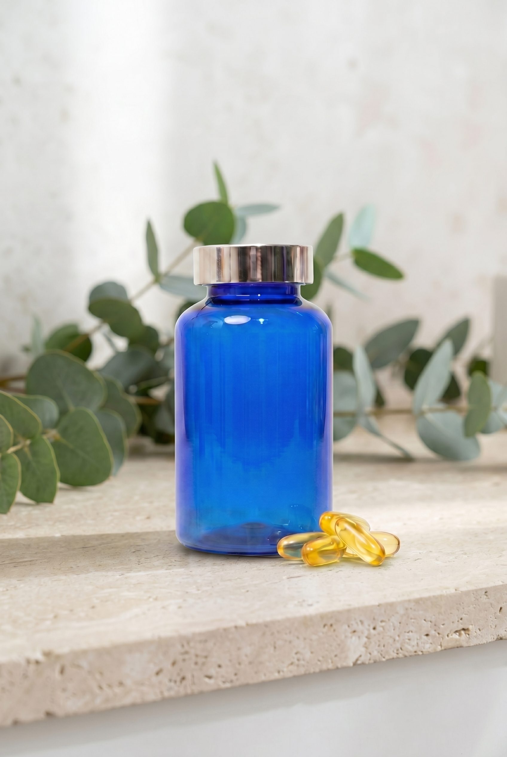 Supplement product photography portrait ecommerce image with logo-free bottles and capsules
