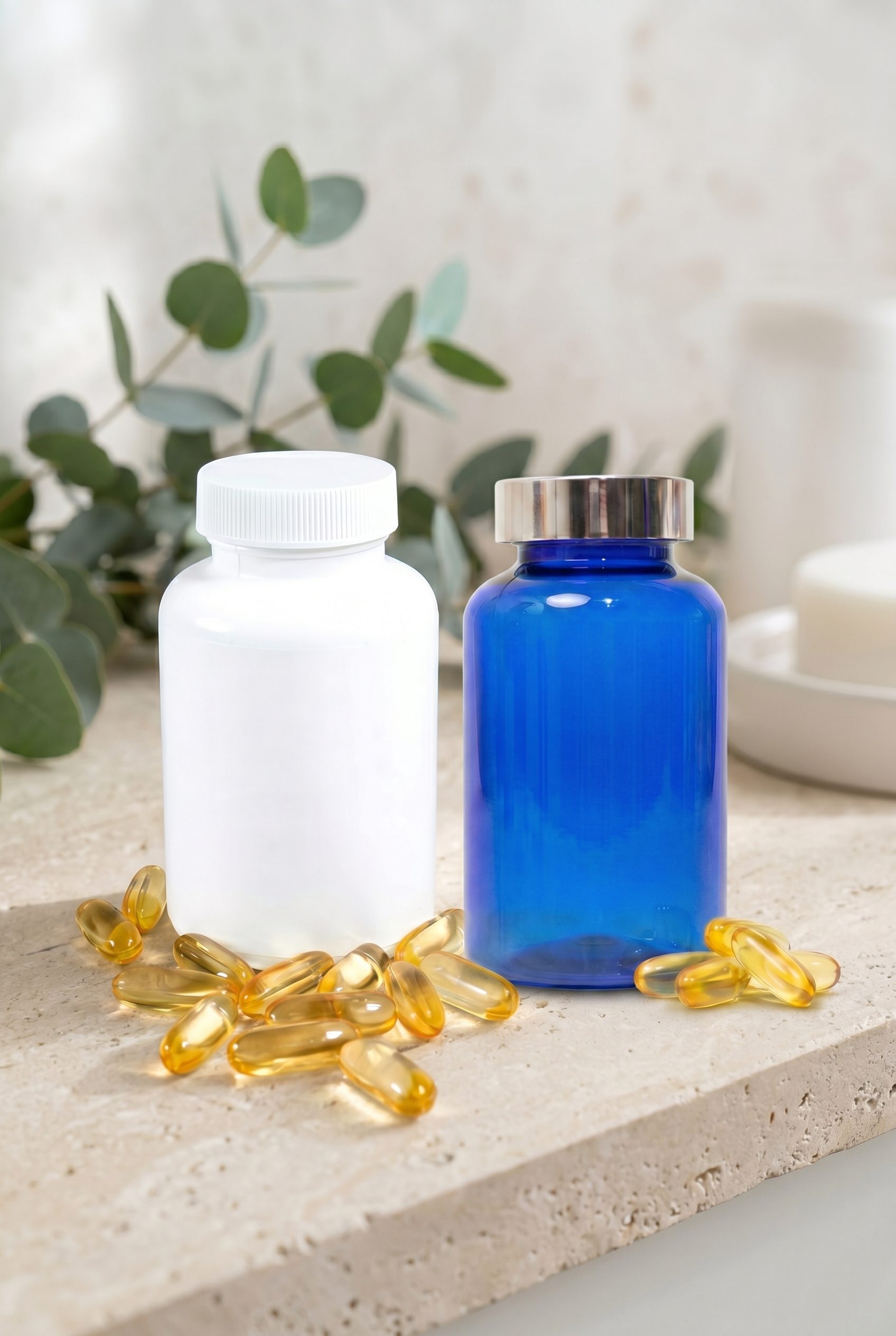 Supplement product photography portrait ecommerce image with logo-free bottles and capsules