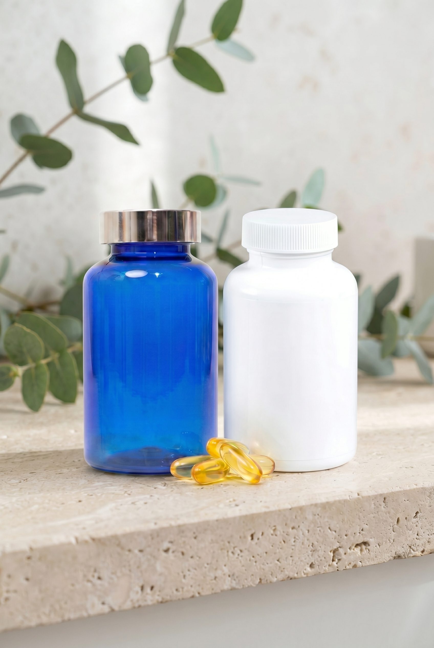 Supplement product photography portrait ecommerce image with logo-free bottles and capsules