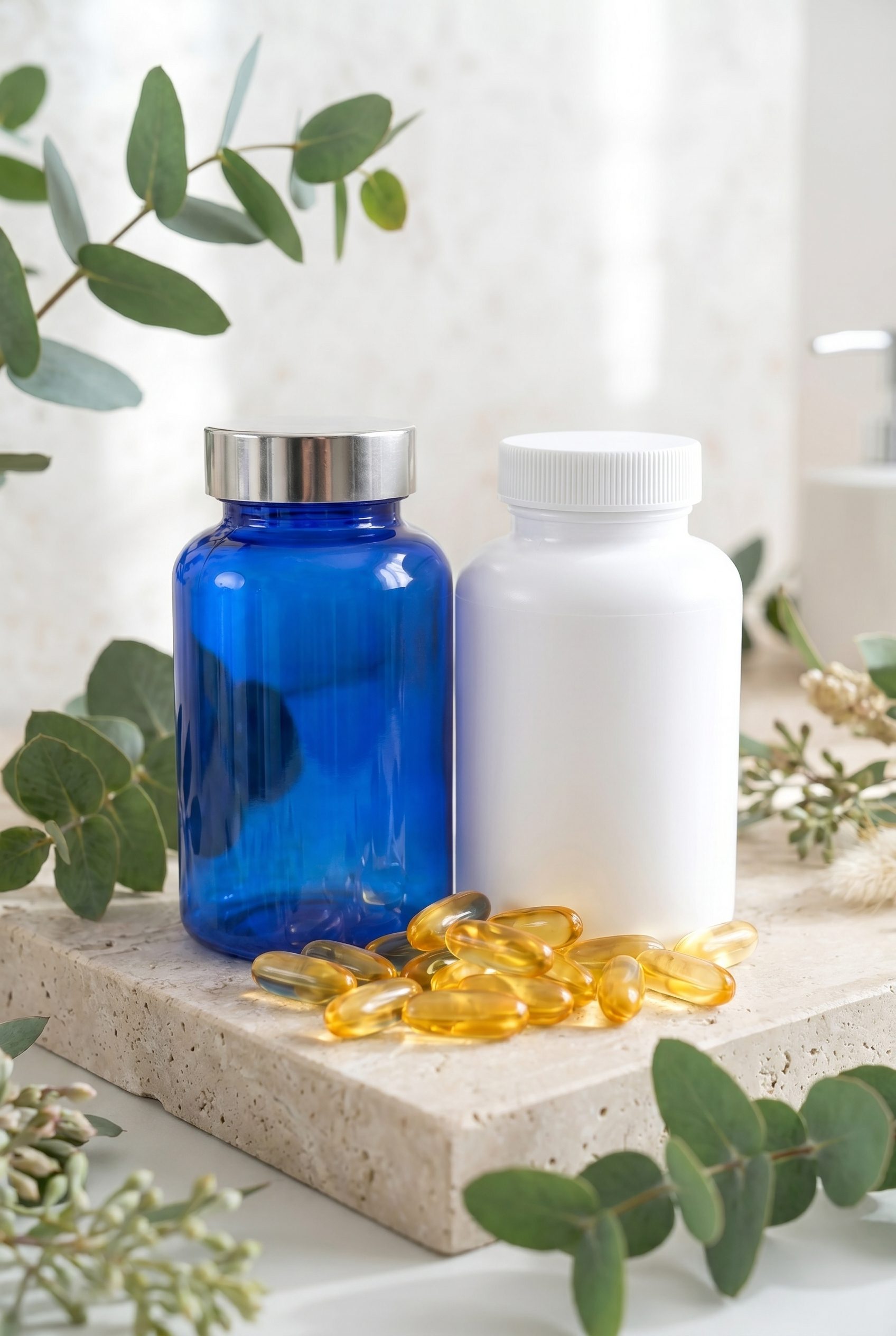 Supplement product photography portrait ecommerce image with logo-free bottles and capsules