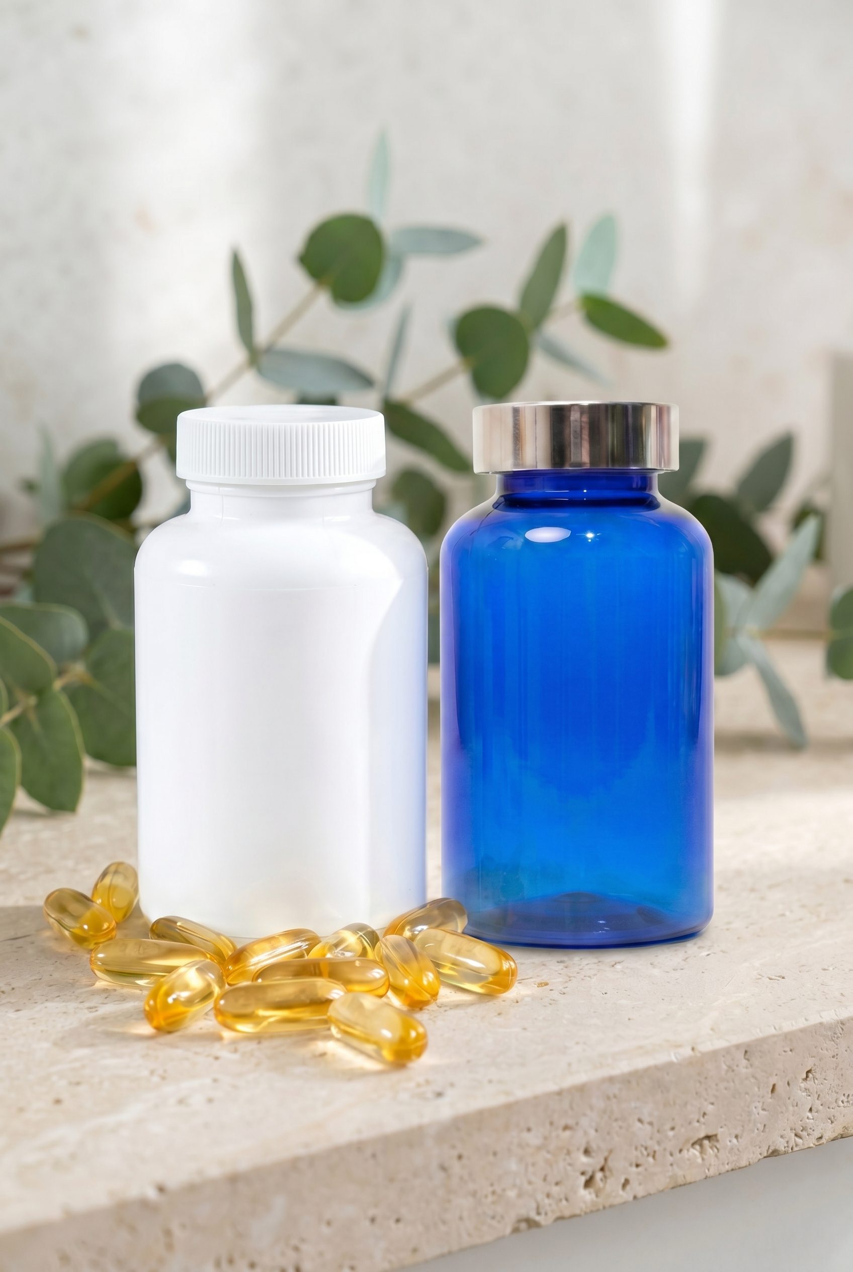 Supplement product photography portrait ecommerce image with logo-free bottles and capsules