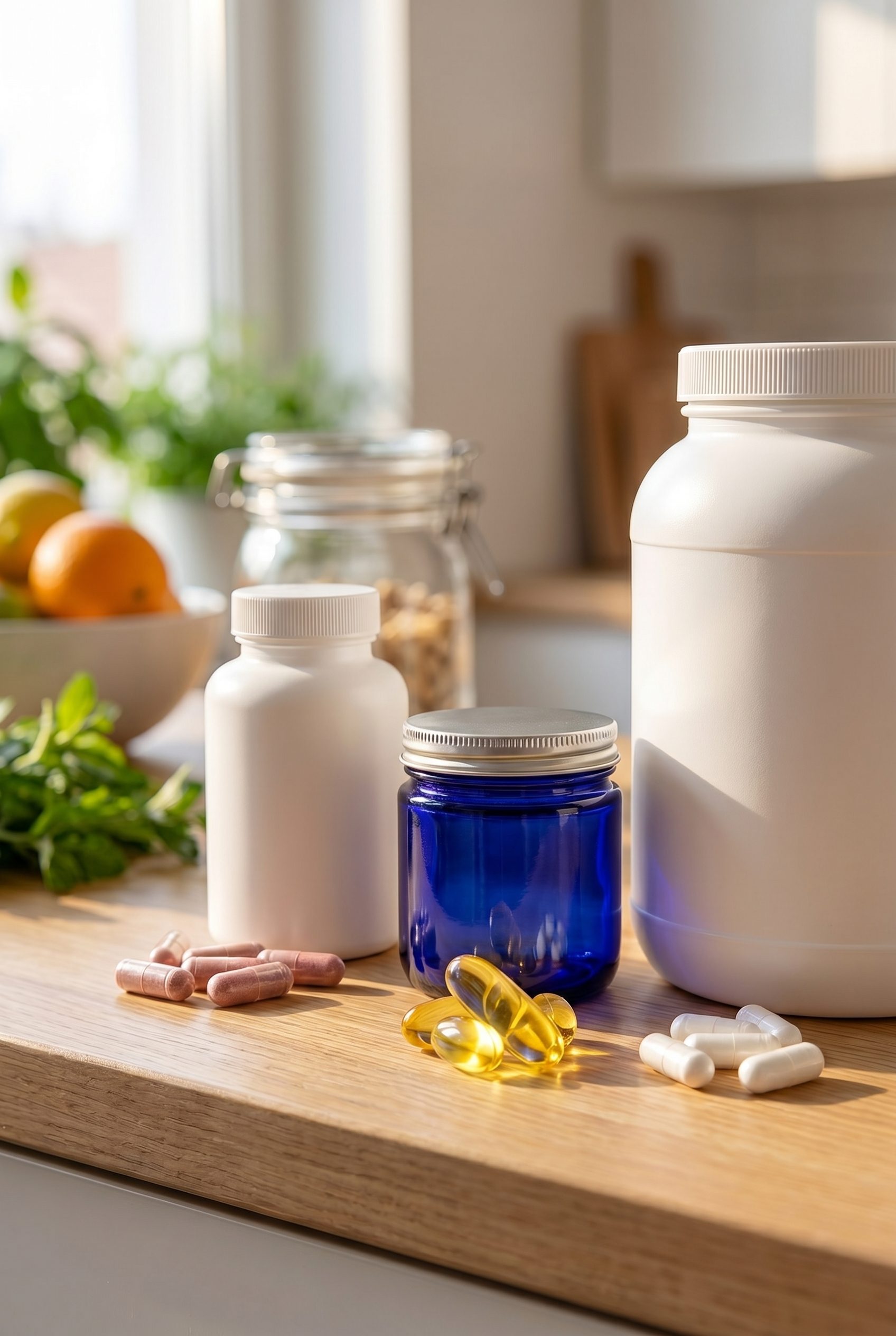 Supplement product photography portrait ecommerce image with logo-free bottles and capsules