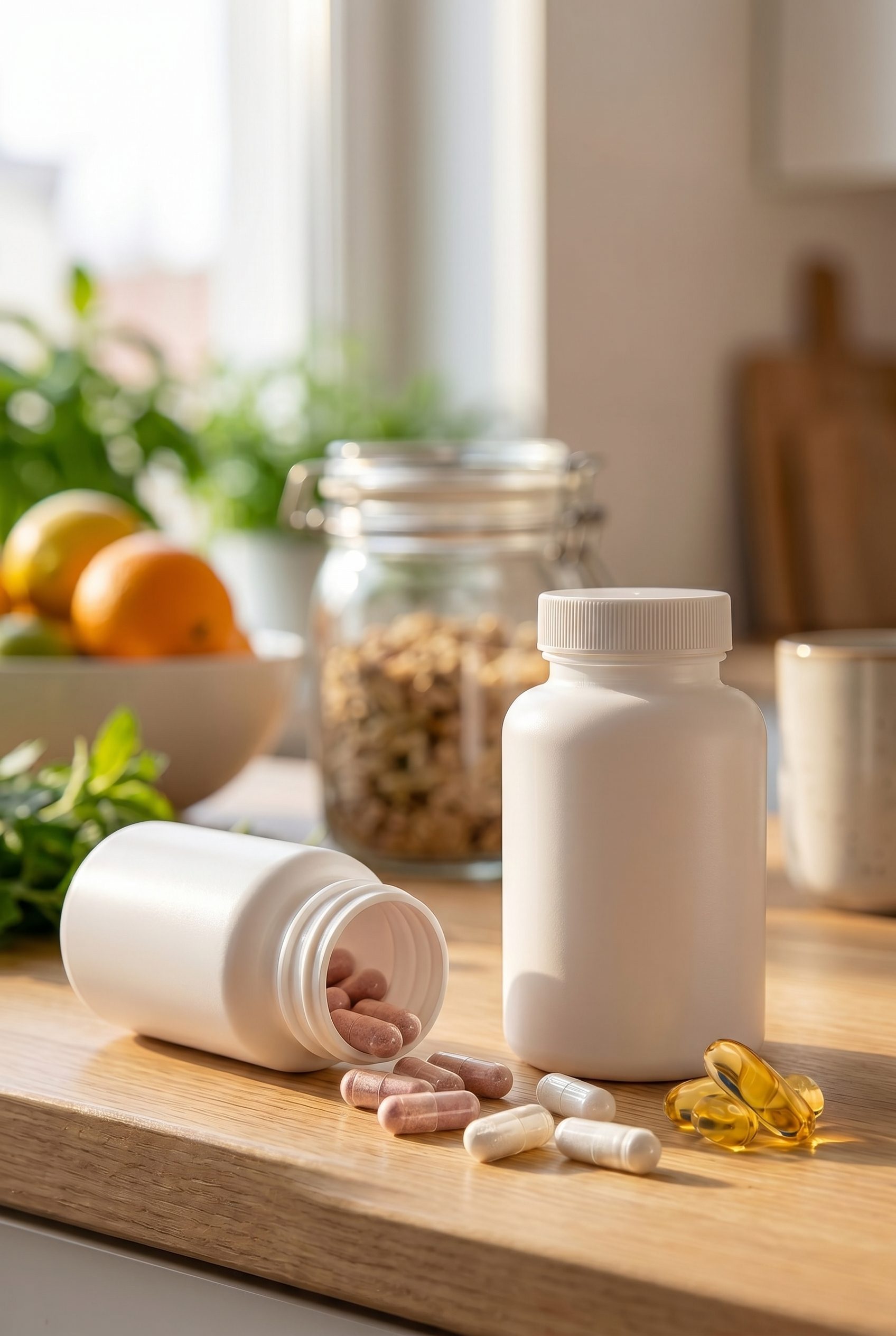 Supplement product photography portrait ecommerce image with logo-free bottles and capsules