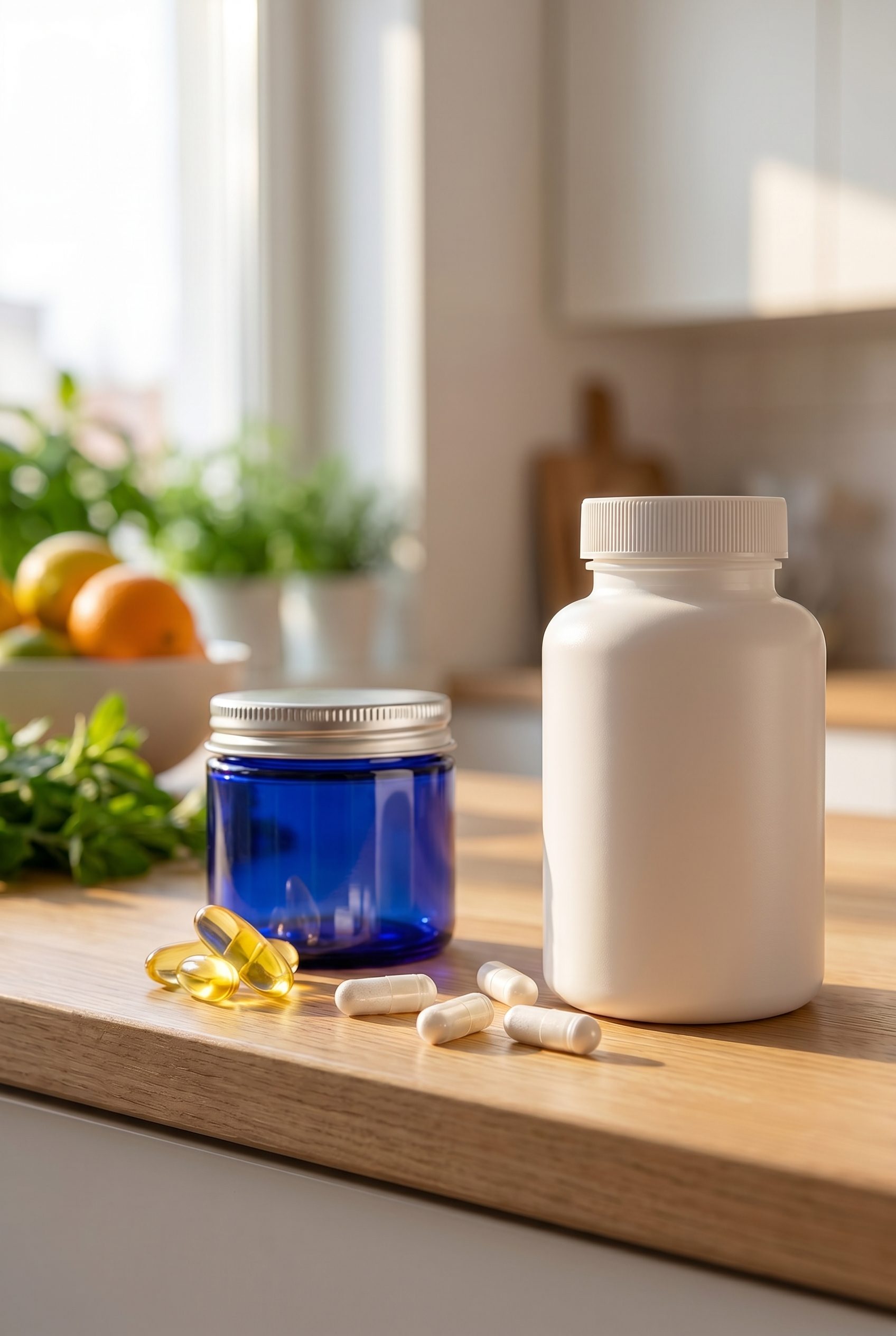 Supplement product photography portrait ecommerce image with logo-free bottles and capsules