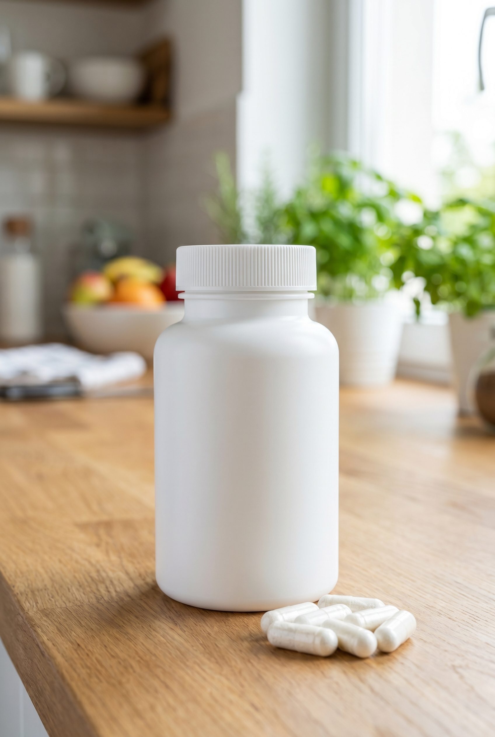 Supplement product photography portrait ecommerce image with logo-free bottles and capsules