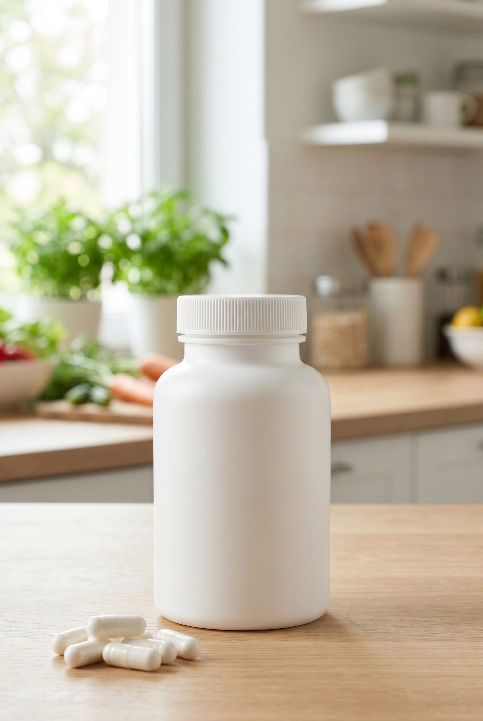 Supplement product photography portrait ecommerce image with logo-free bottles and capsules