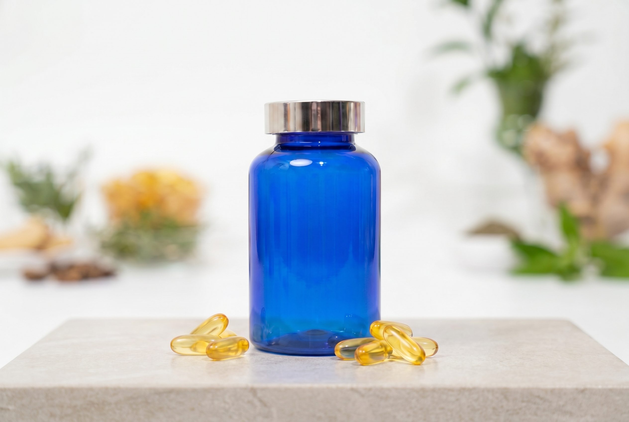 Supplement product photography horizontal ecommerce image with logo-free bottles and capsules