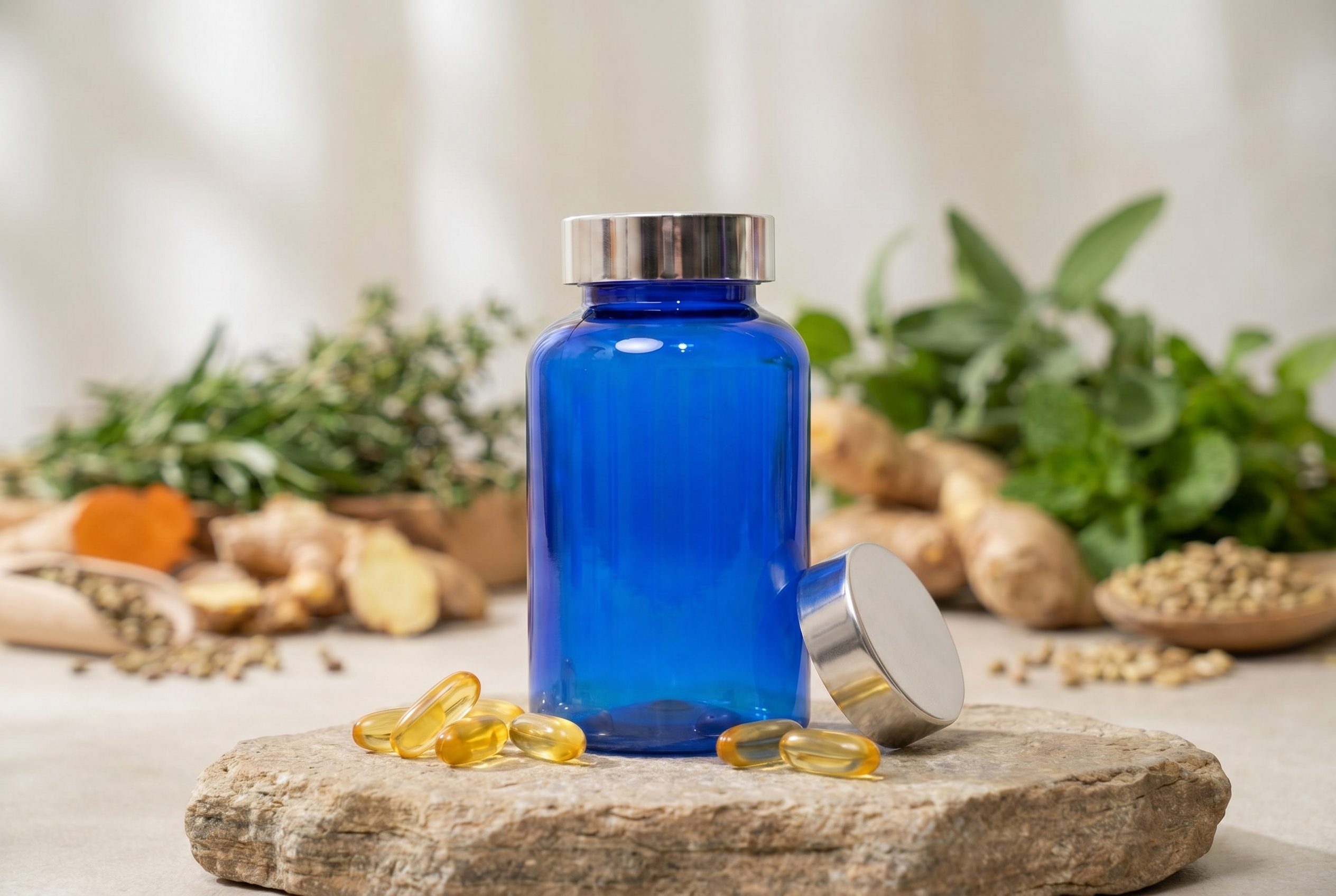 Supplement product photography horizontal ecommerce image with logo-free bottles and capsules
