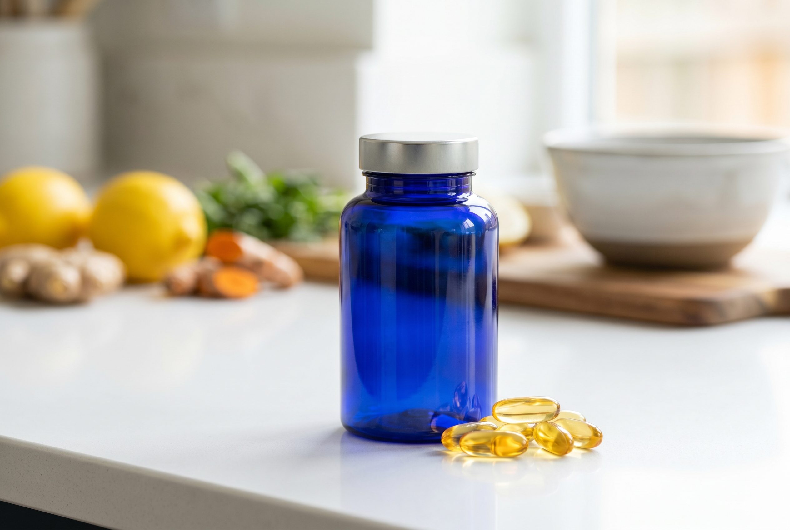 Supplement product photography horizontal ecommerce image with logo-free bottles and capsules