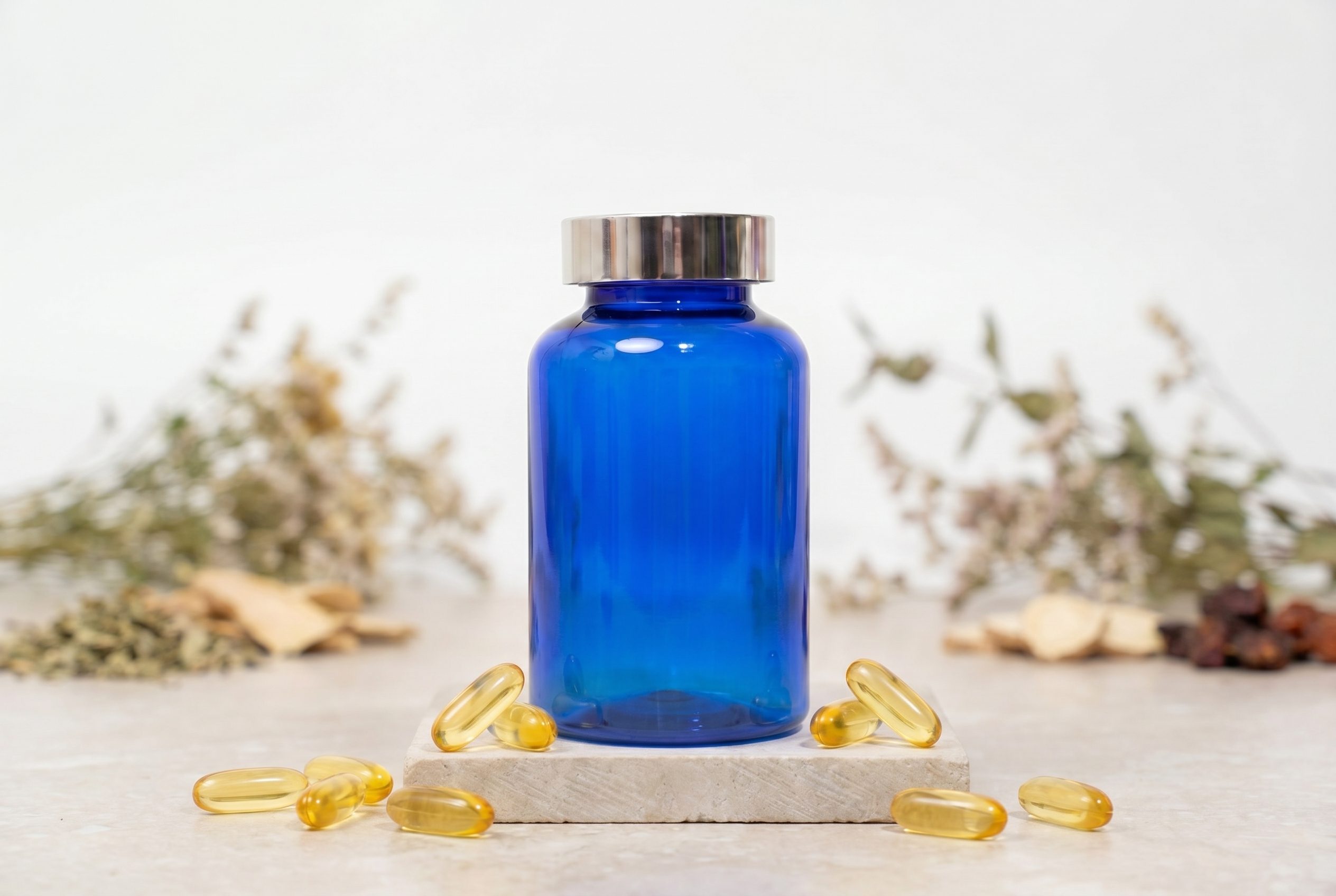 Supplement product photography horizontal ecommerce image with logo-free bottles and capsules