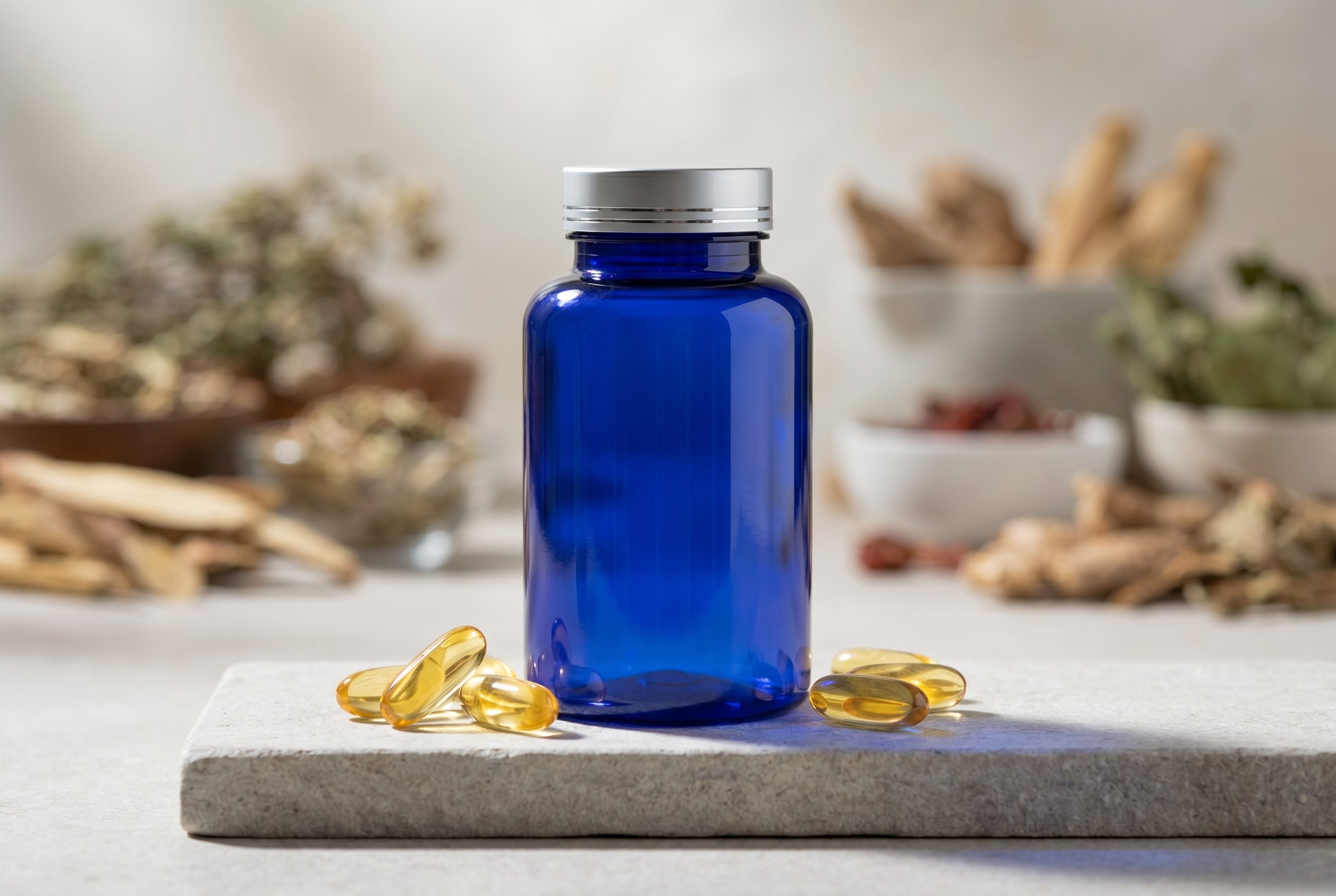 Supplement product photography horizontal ecommerce image with logo-free bottles and capsules