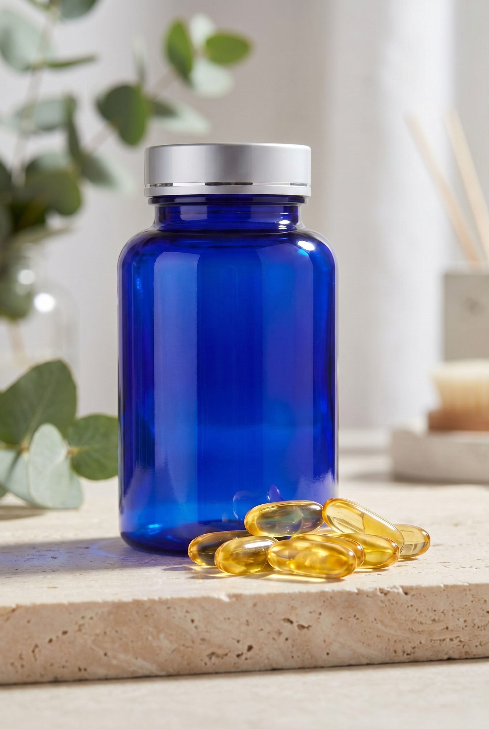 Supplement product photography portrait ecommerce image with logo-free bottles and capsules