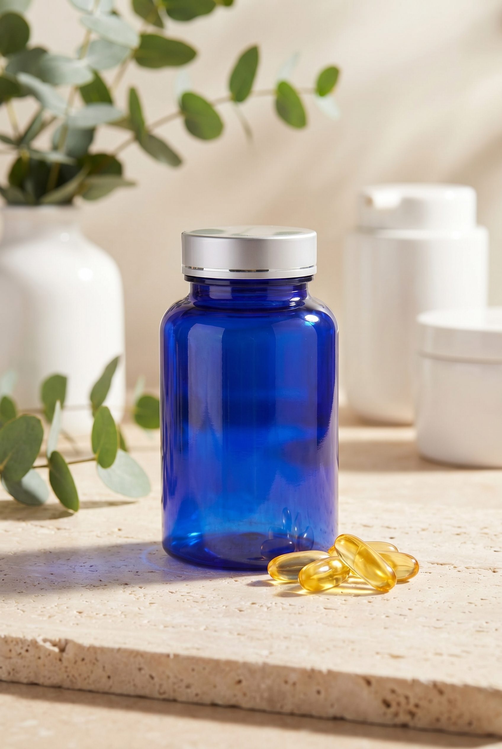 Supplement product photography portrait ecommerce image with logo-free bottles and capsules