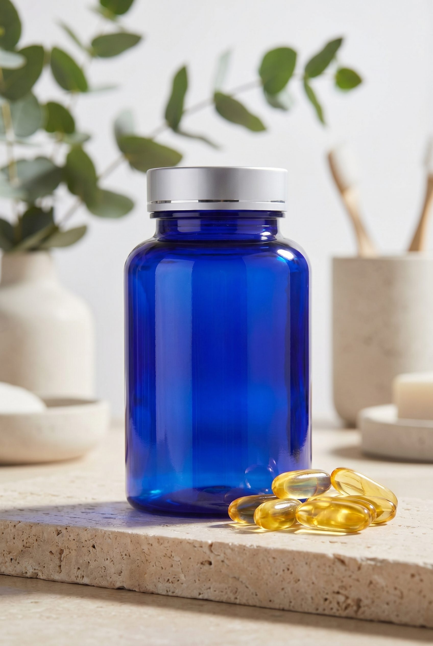 Supplement product photography portrait ecommerce image with logo-free bottles and capsules