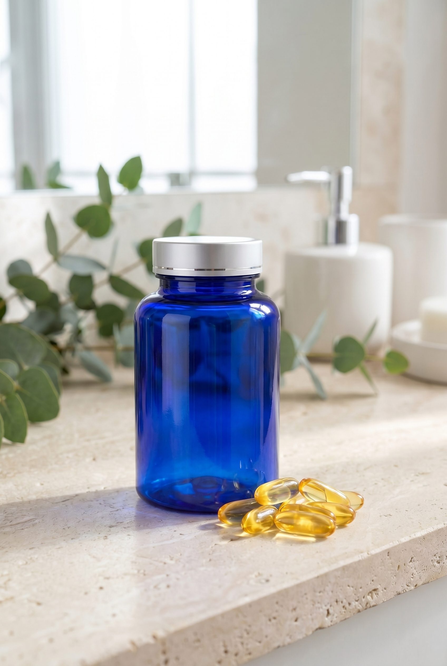 Supplement product photography portrait ecommerce image with logo-free bottles and capsules