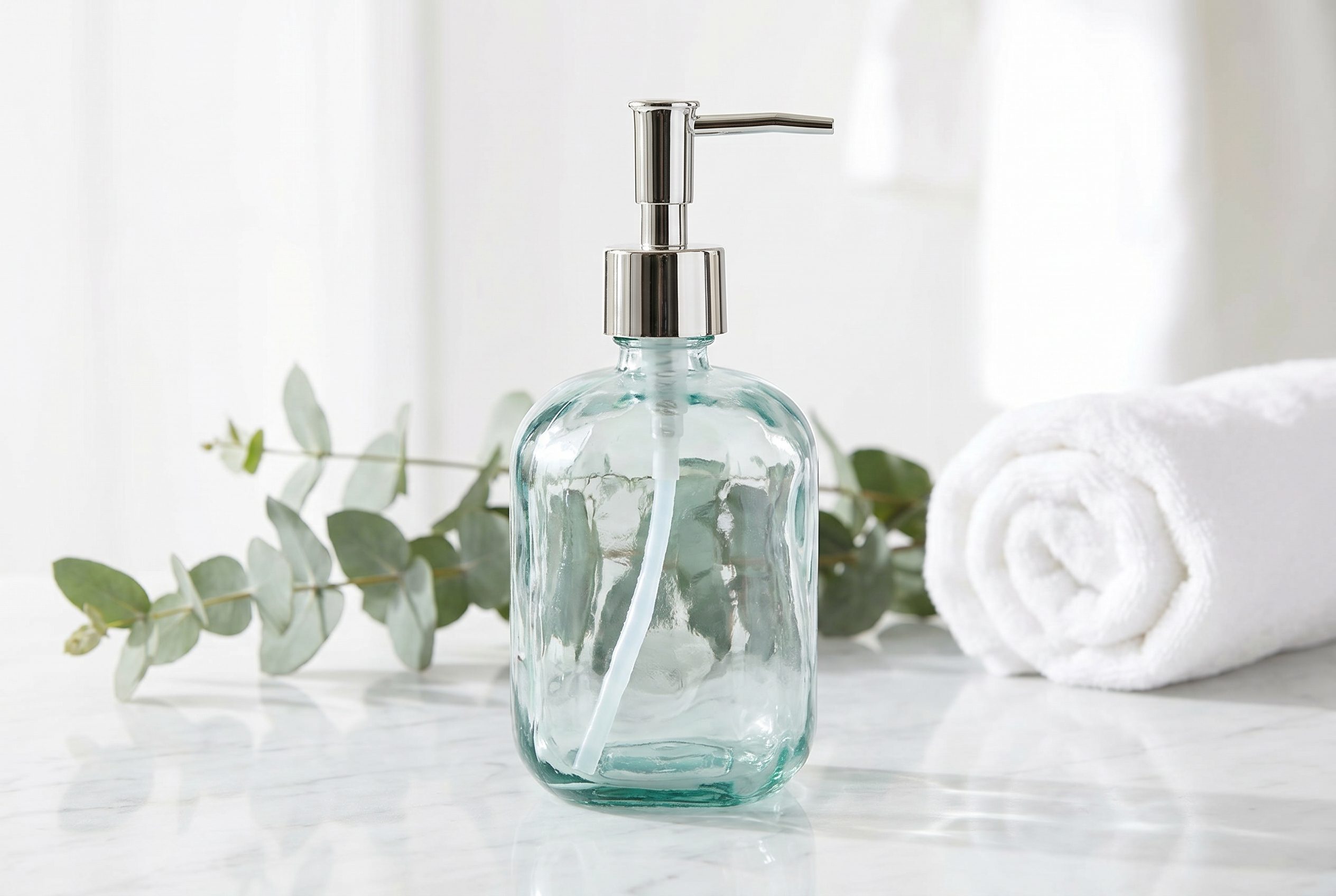 Glass soap dispenser spa counter visual for a solo beauty seller listing.