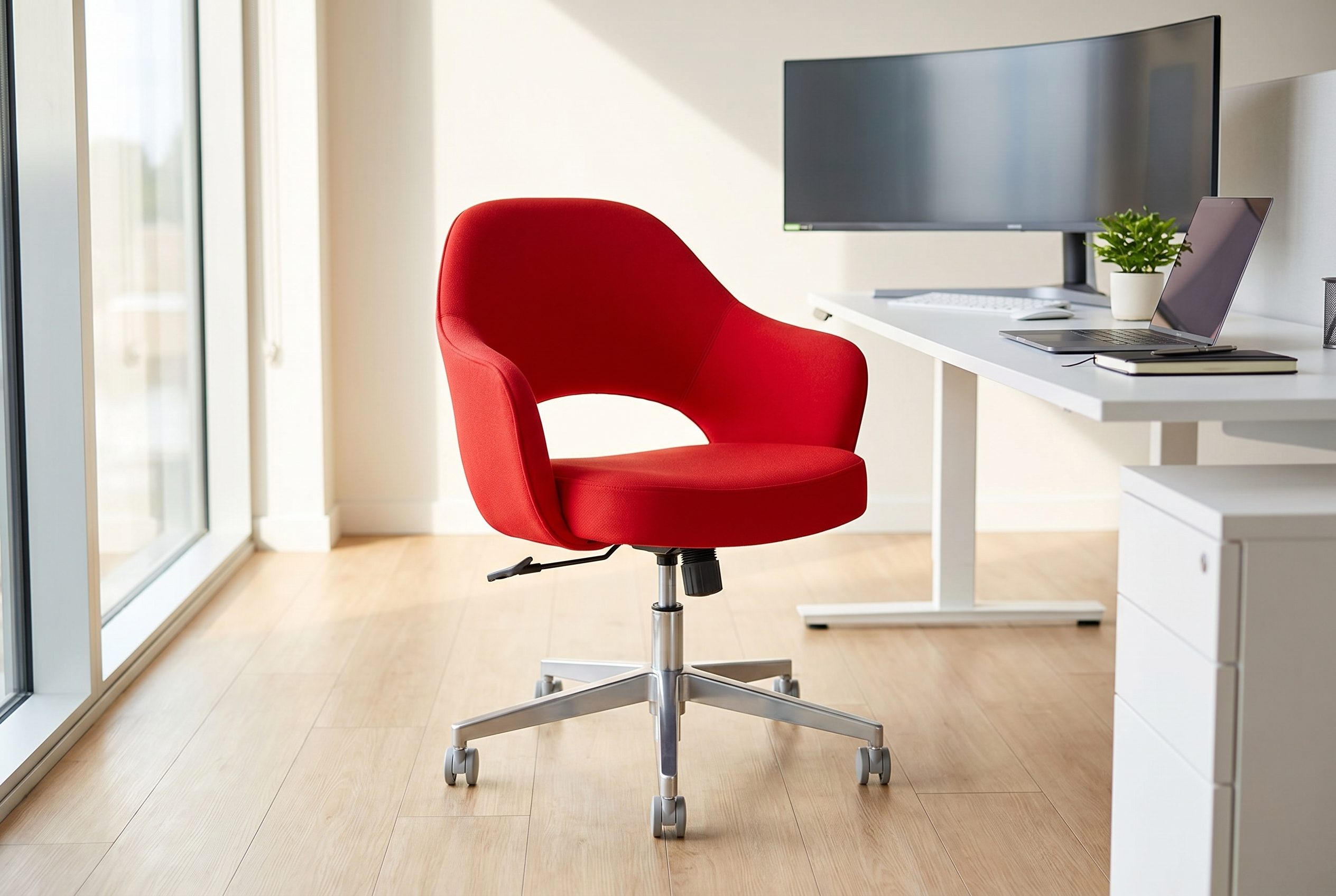 AI product photos for ads output showing the same red chair in a workspace campaign scene
