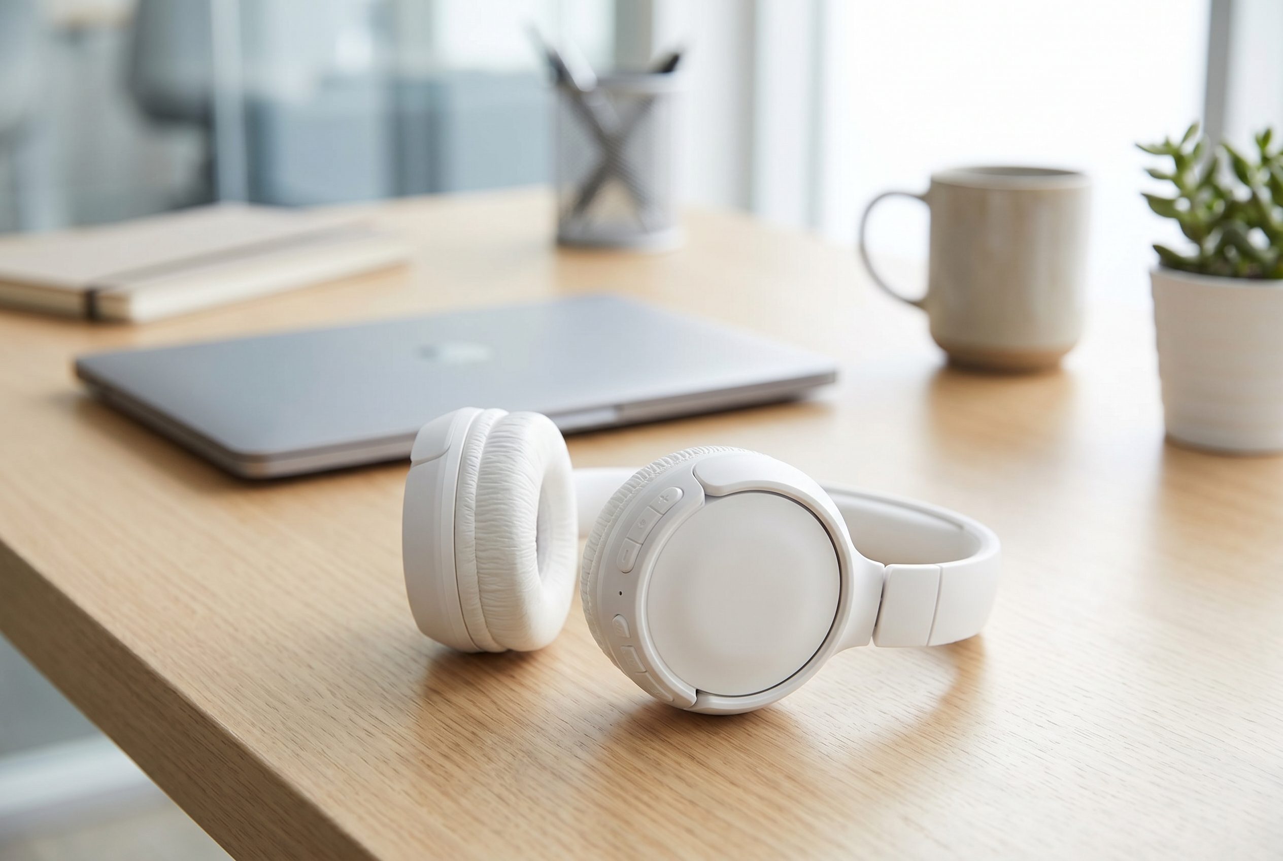 AI product photos for ads output showing the same white headphones in a desk campaign scene