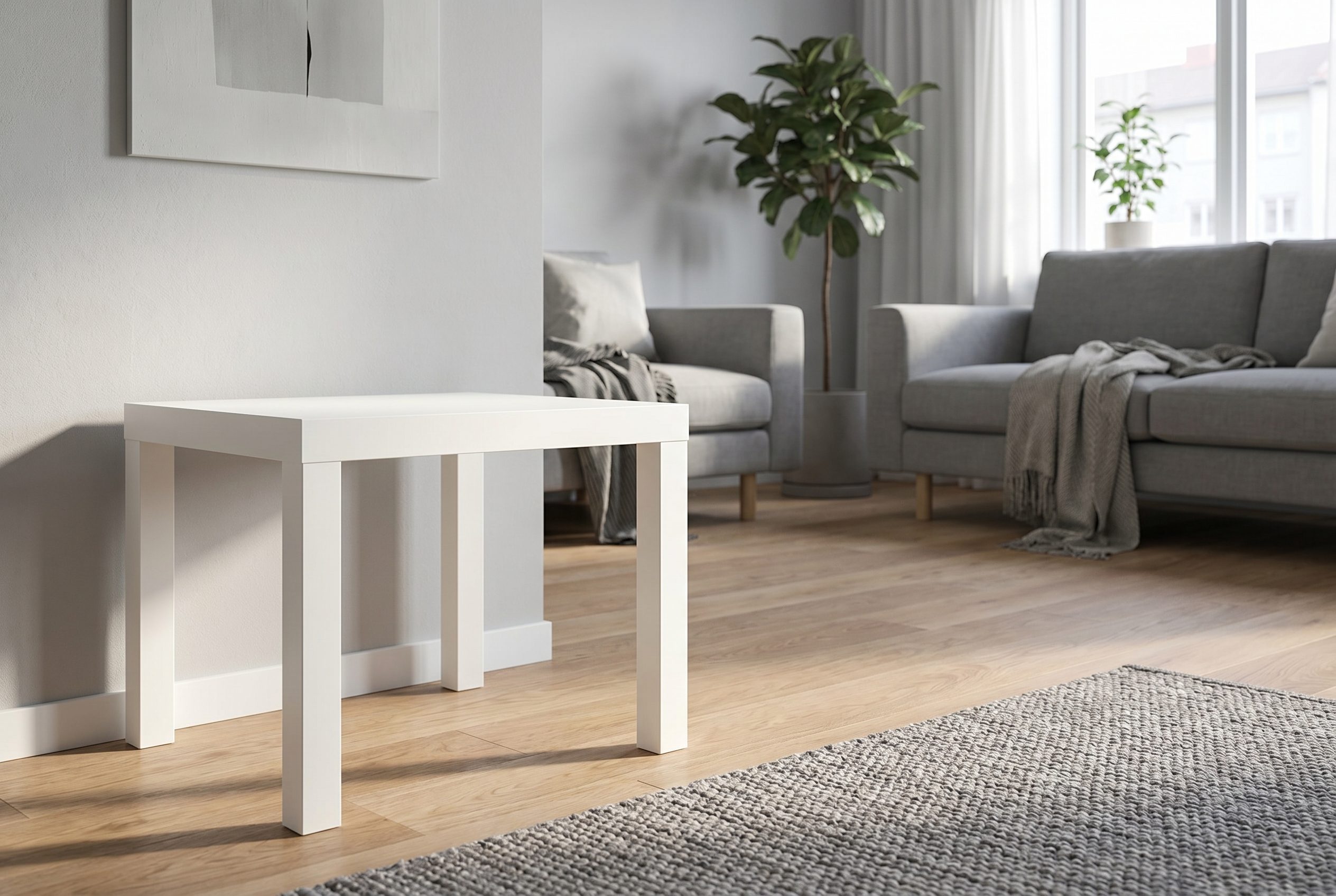 AI product photos for ads output showing the same white side table in a modern living room campaign scene