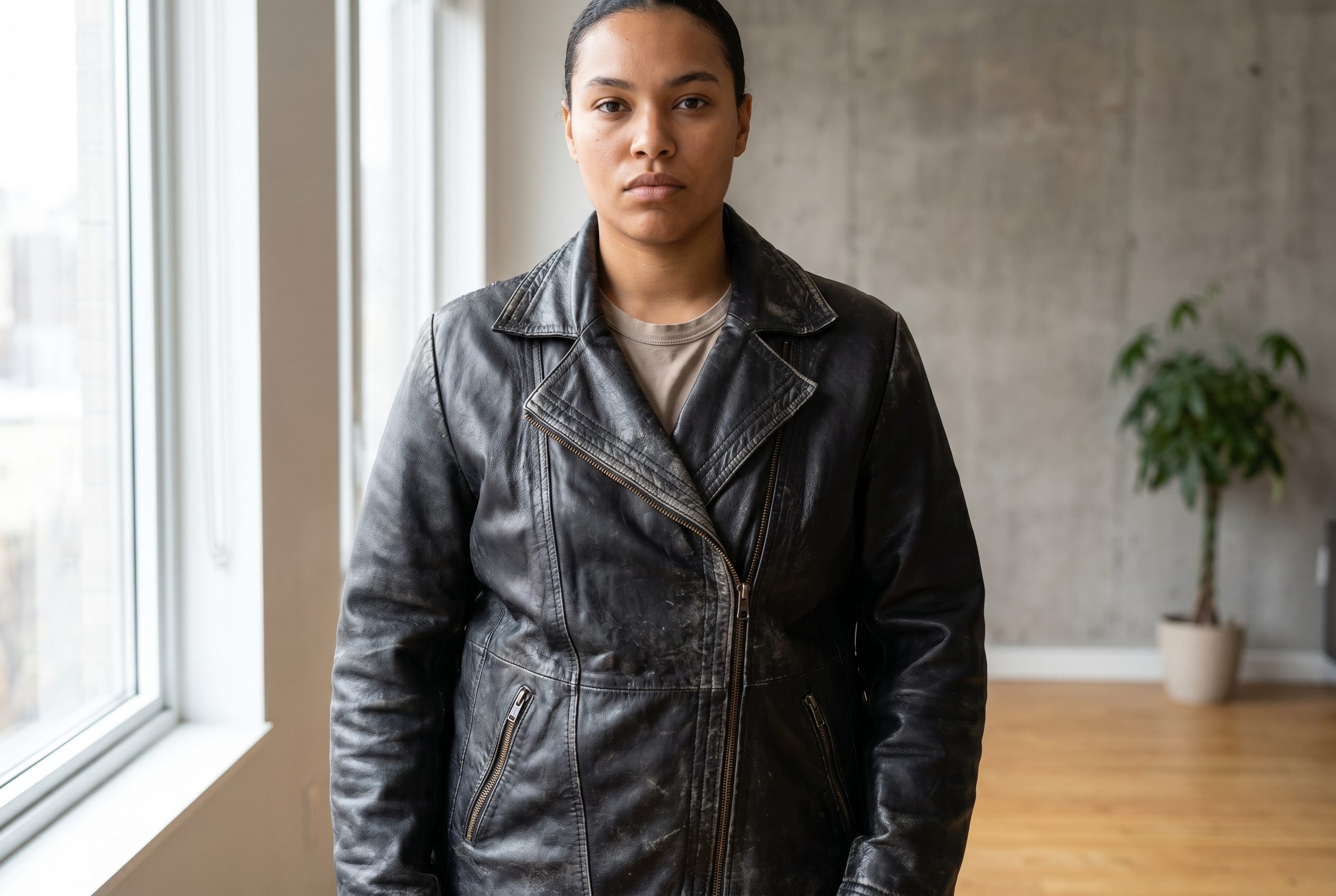 Lifestyle product photography output showing the same jacket in a model lifestyle ecommerce scene