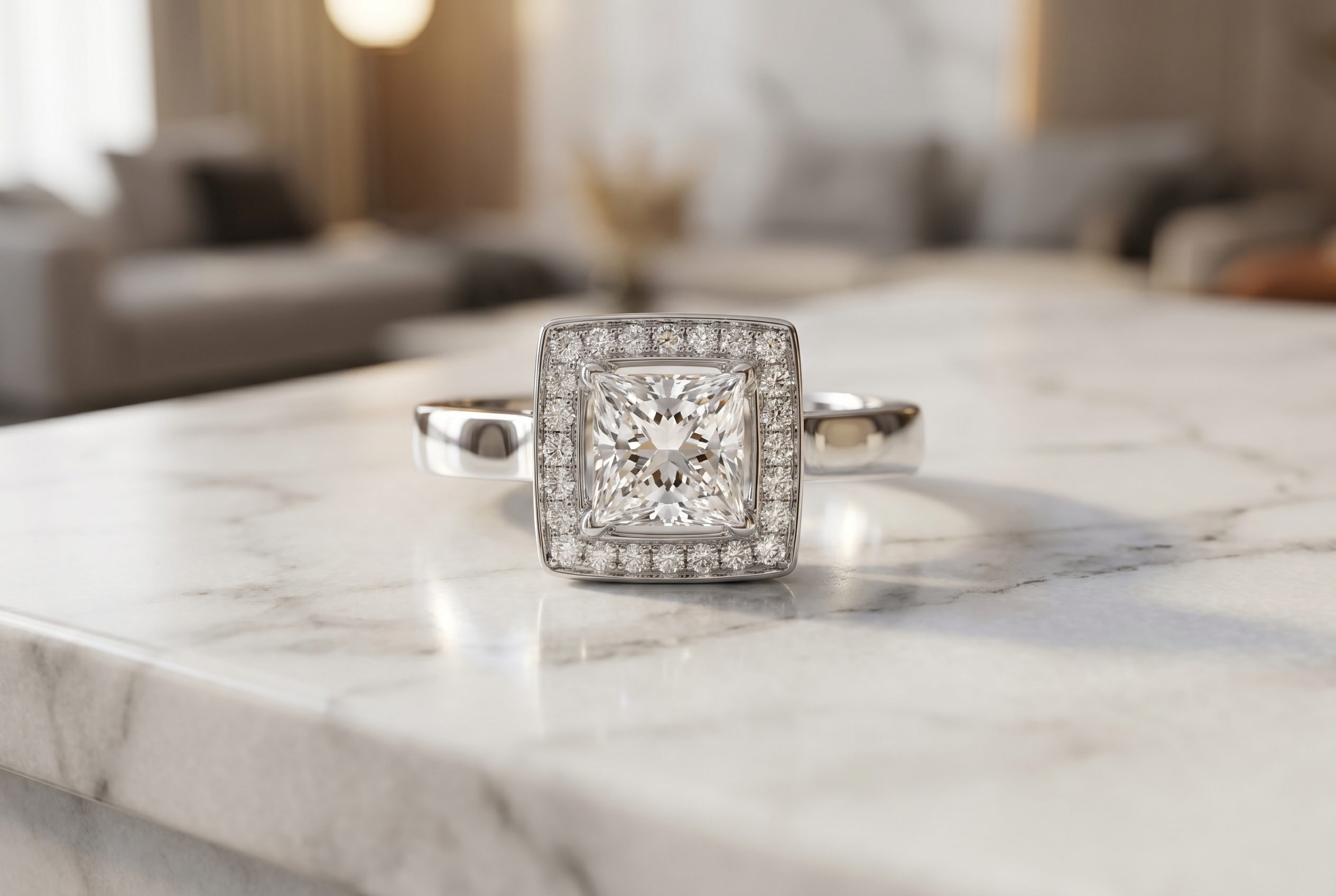 Lifestyle product photography output showing the same rings in a premium jewelry scene