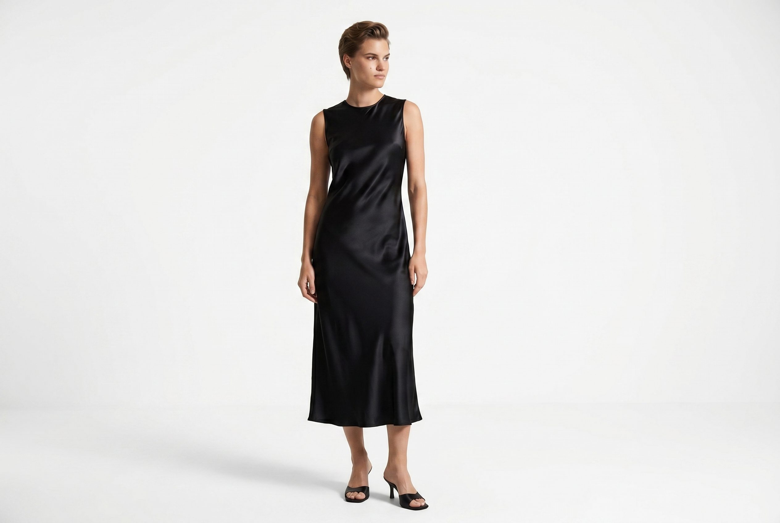 AI model generator output showing the same black satin dress worn by a model