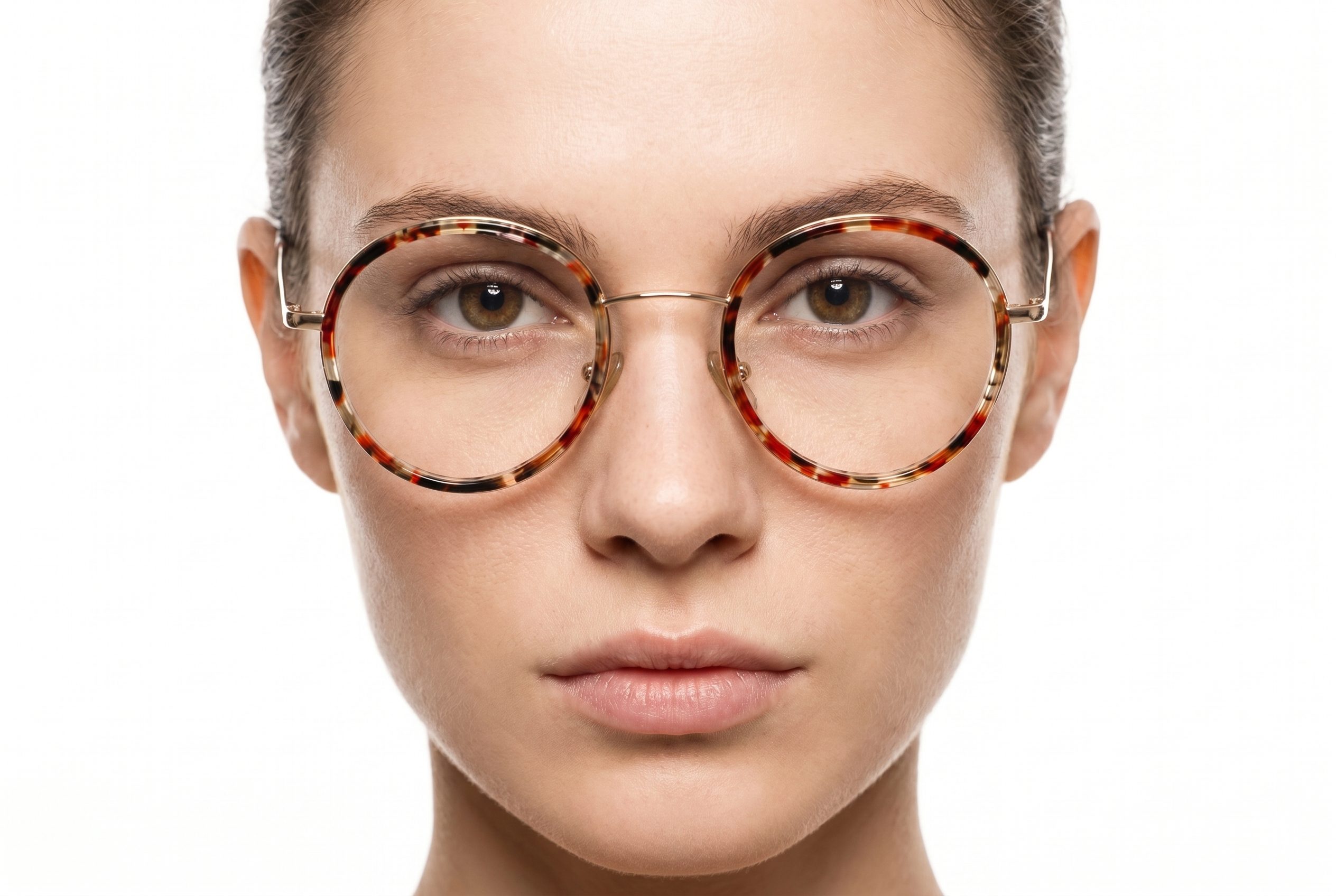 AI model generator output showing the same round glasses worn by a model