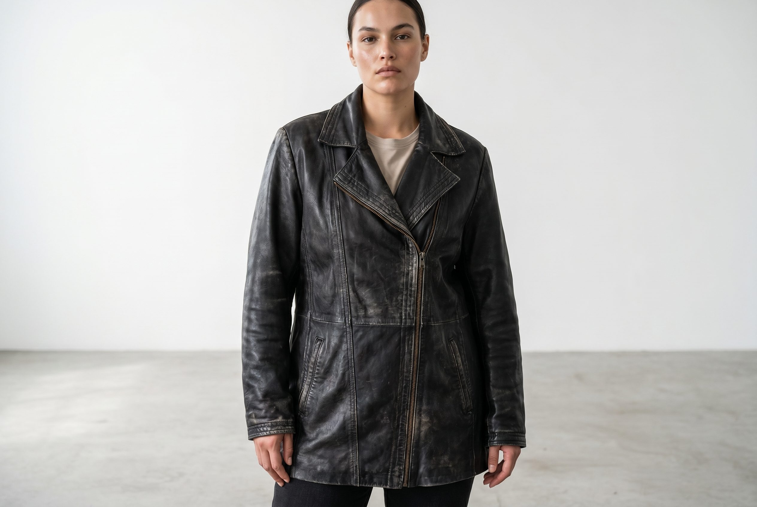 Trousers social flat lay AI model generator output showing the same jacket worn by a model