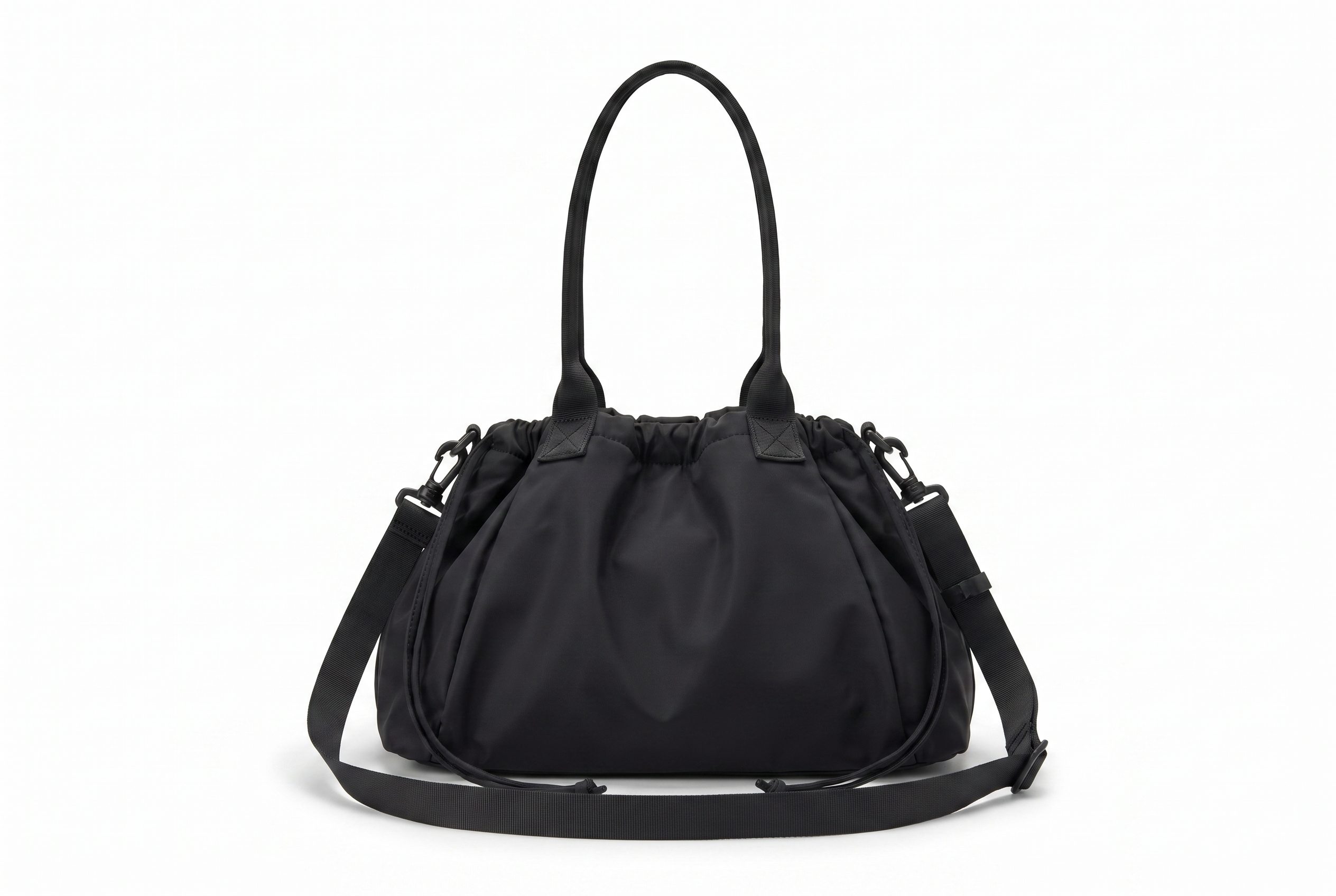 Bags product photography example of a black structured drawstring bag centered in a 3:2 ecommerce hero frame
