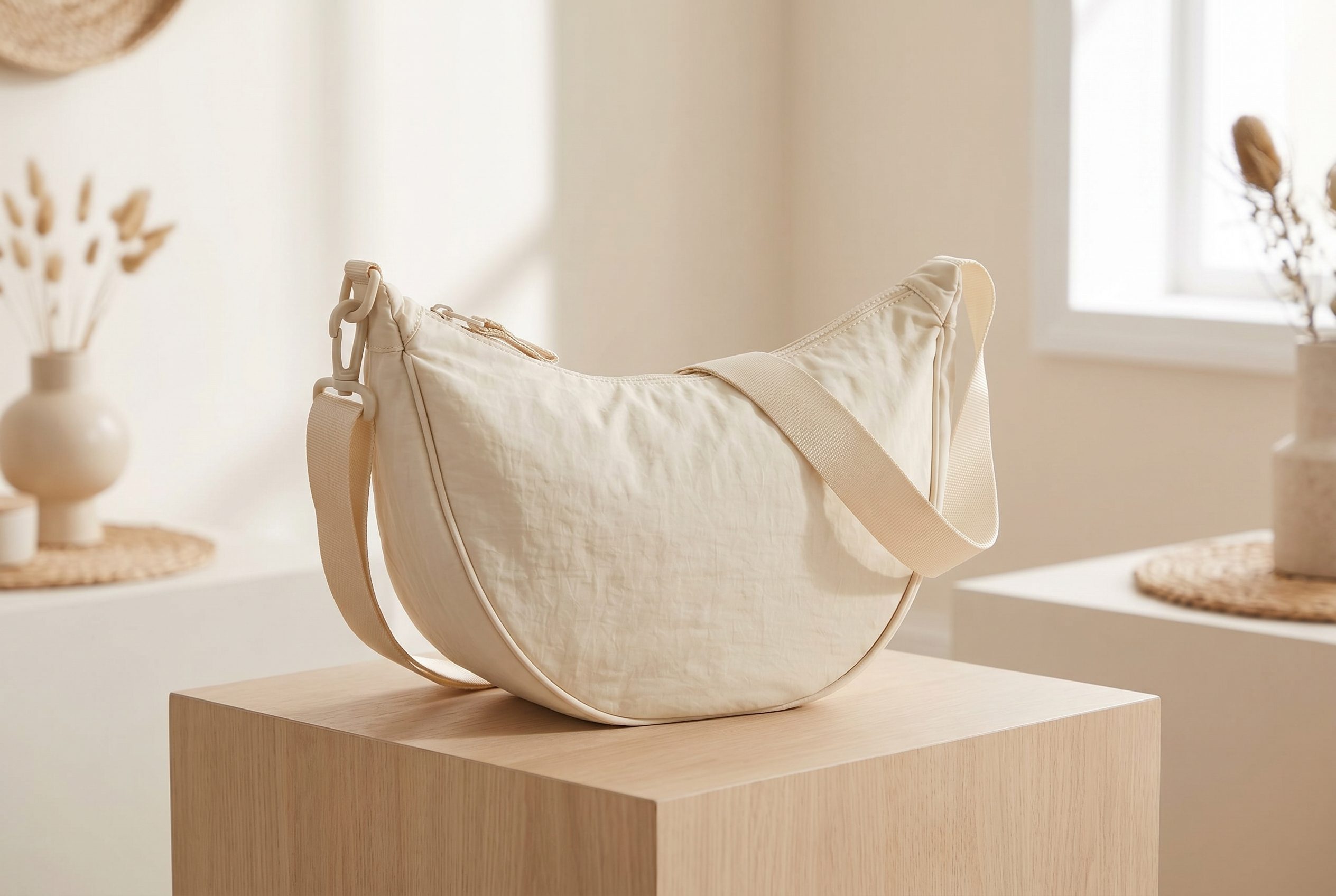 Bags product photography example of a cream crescent shoulder bag fully visible in a 3:2 ecommerce hero frame