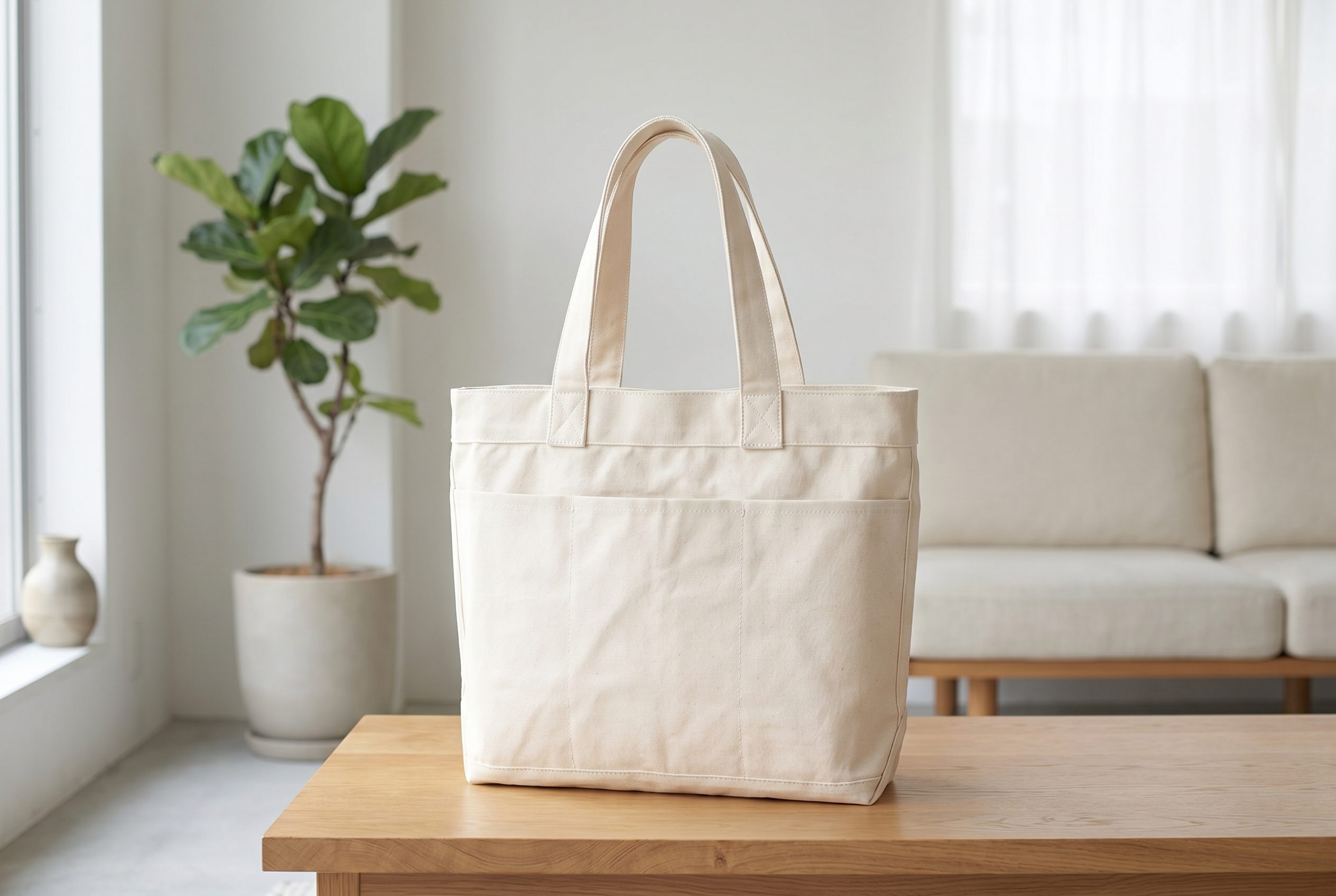 Bags product photography example of a cream canvas tote bag fully visible in a bright 3:2 lifestyle frame